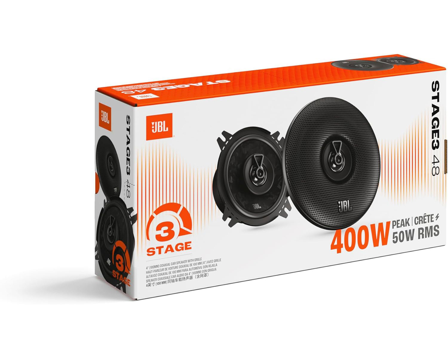 JBL Stage3 48 Koaxial-Autolautsprecher auf weißem Karton mit orangefarbenen Akzenten.