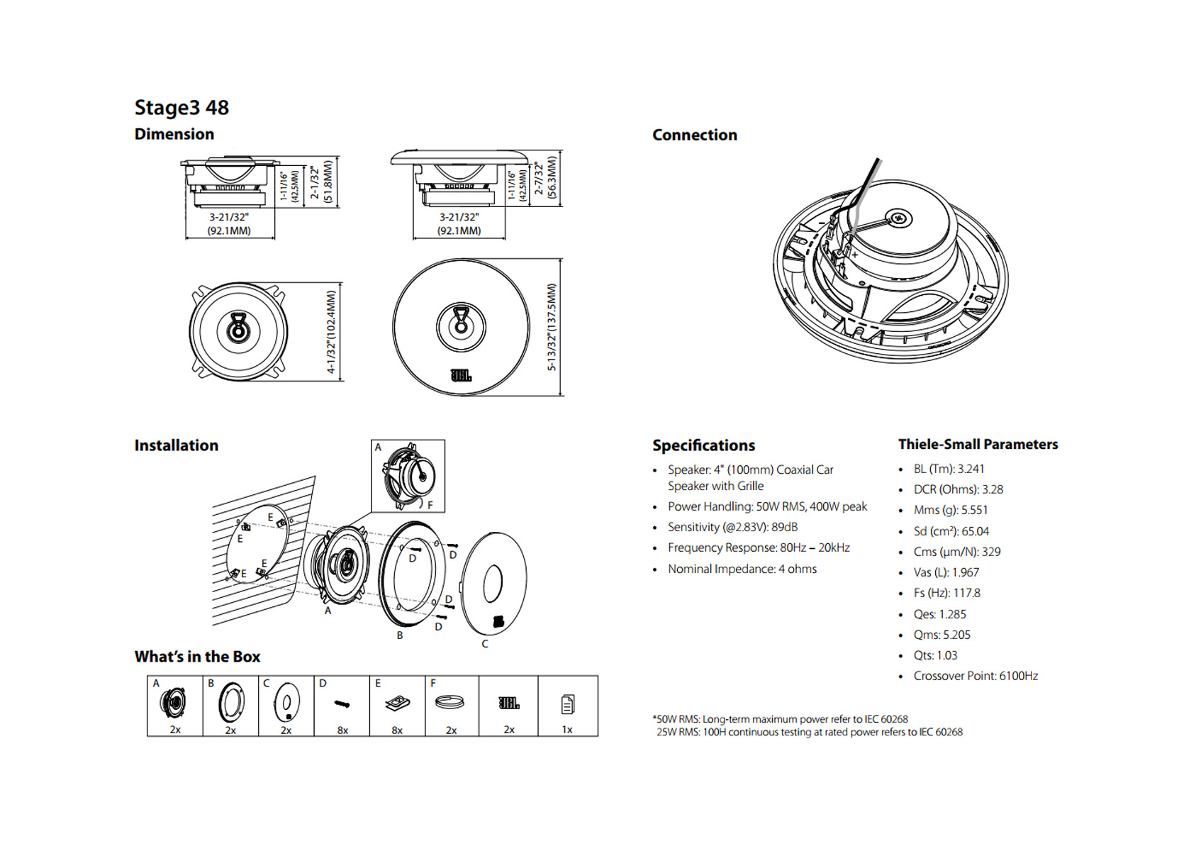 Diagramm mit Lautsprecherabmessungen, Installation, Anschluss und Spezifikationen.