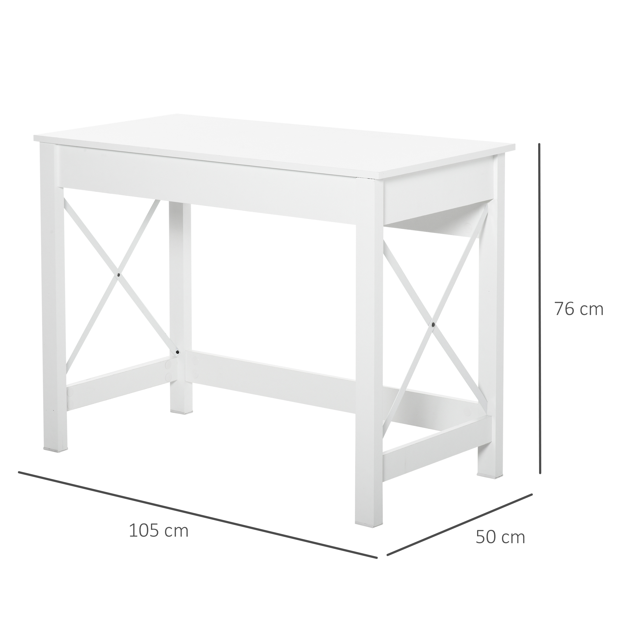 Un escritorio blanco de 105x50x76 cm, con soporte en forma de X.