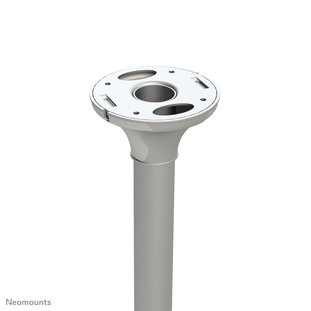 Un poteau métallique avec un sommet plat blanc doté de trous de montage.