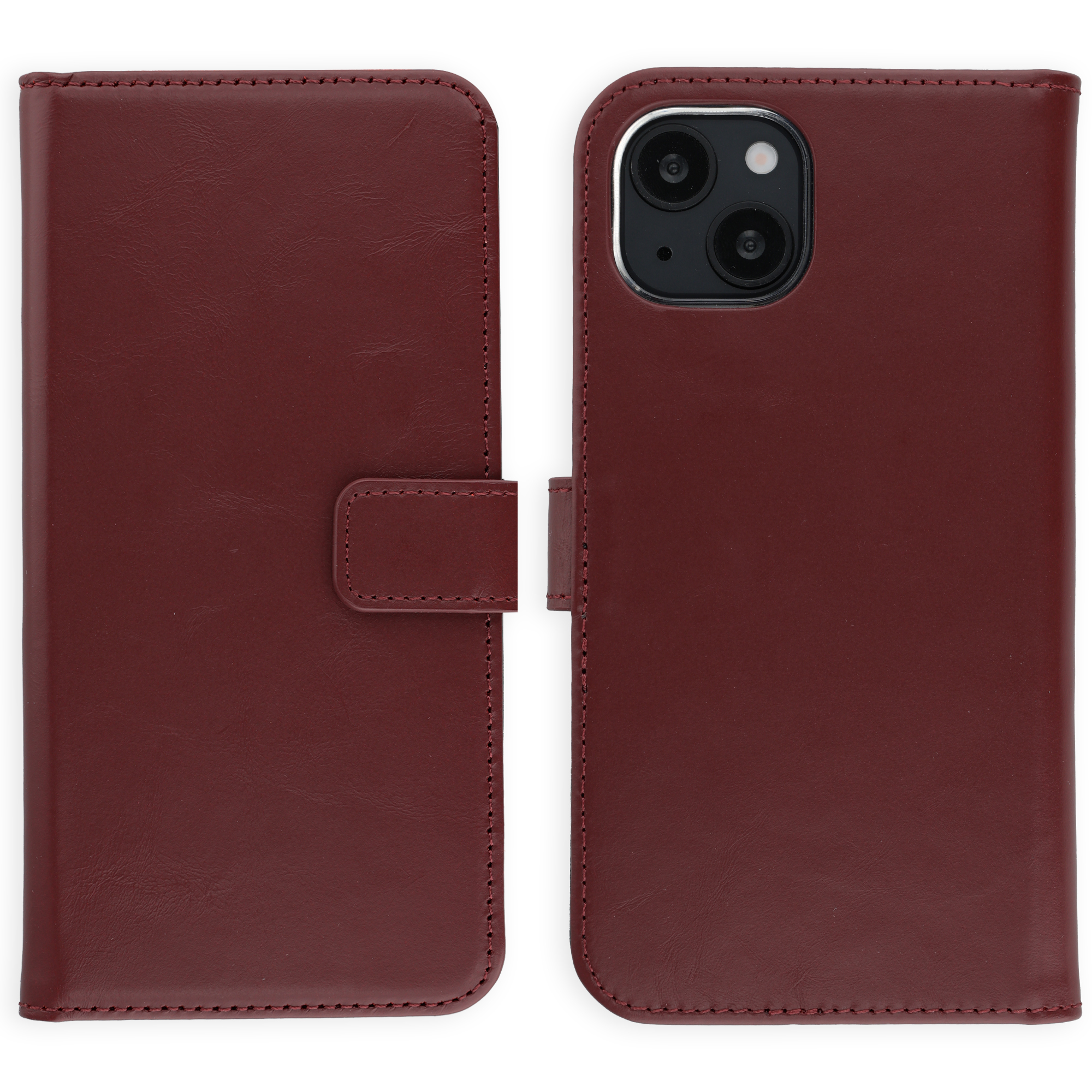Un étui en cuir rouge foncé pour iPhone avec un rabat et une découpe pour appareil photo.