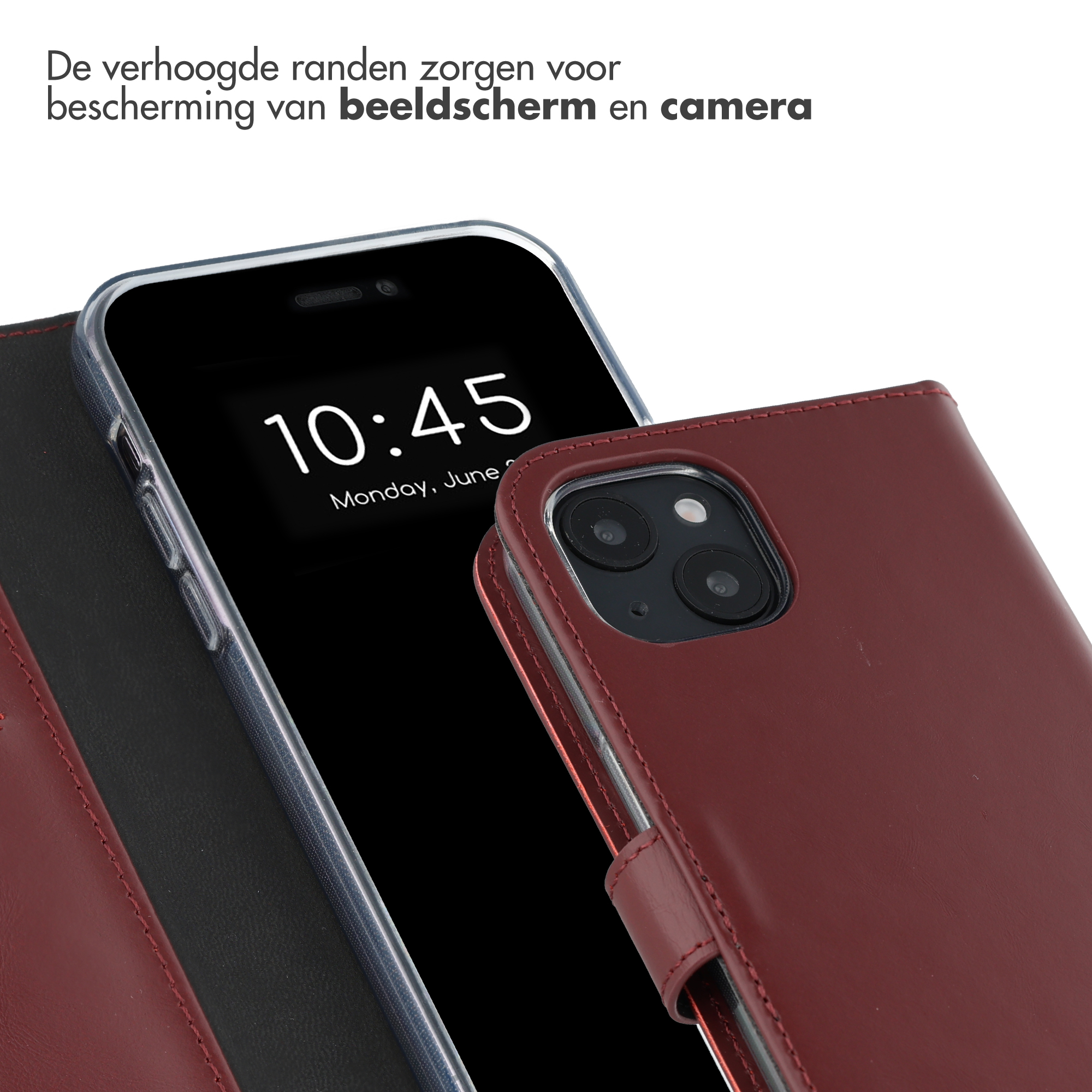 Un étui en cuir rouge pour smartphone avec un écran visible affichant 10:45.