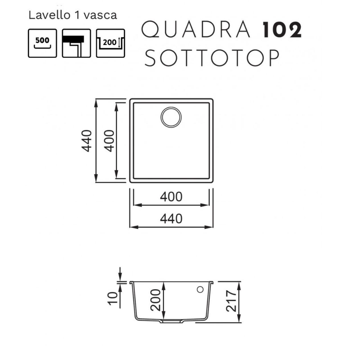 Diagramma del lavello QUADRA 102 SOTTOTOP. Mostra dimensioni in mm: 400x400x200.