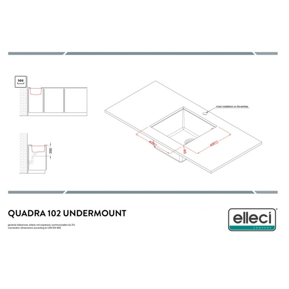 Disegno tecnico di un lavello sottotop con dimensioni.