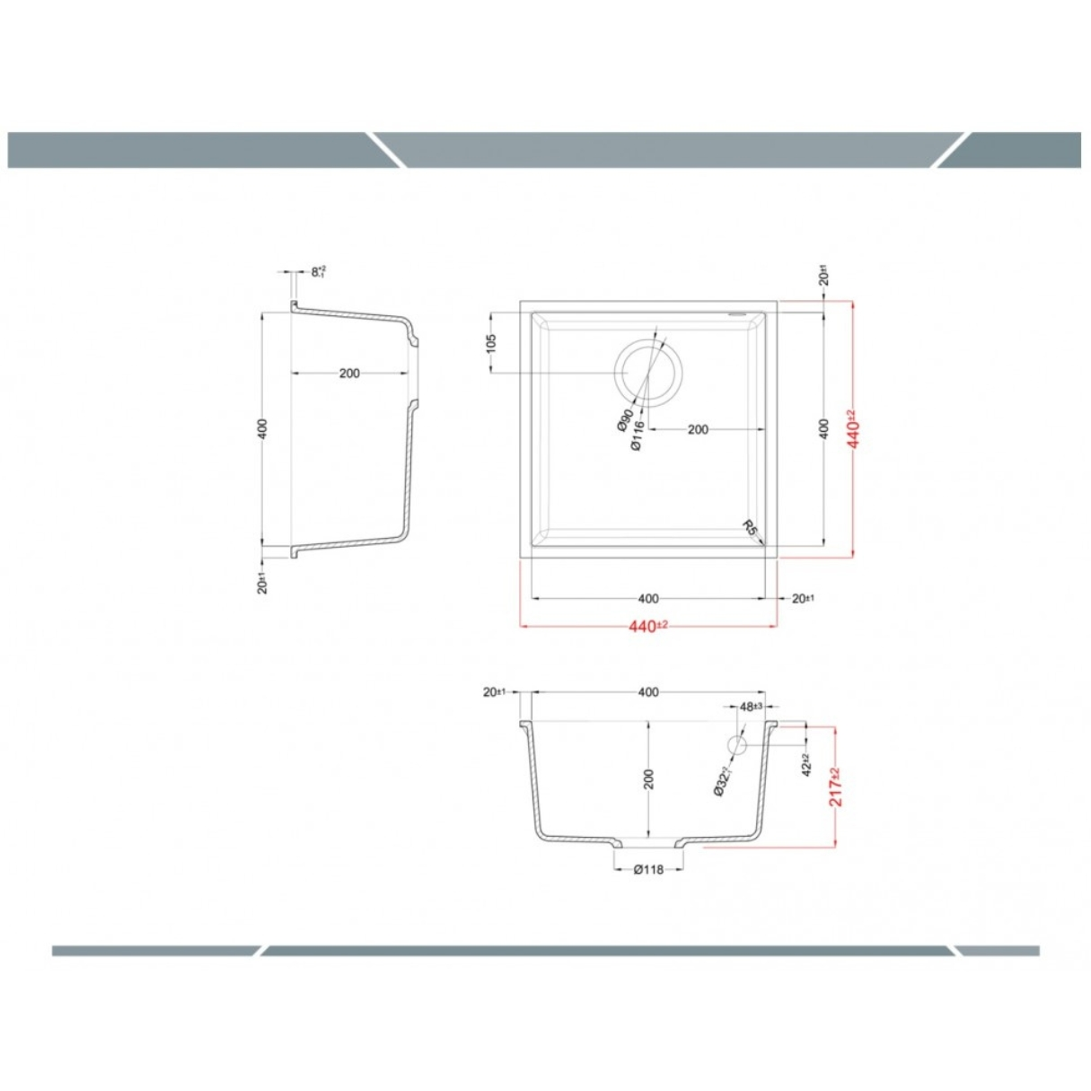 Disegni tecnici di un lavello quadrato, che mostrano le dimensioni da più viste.