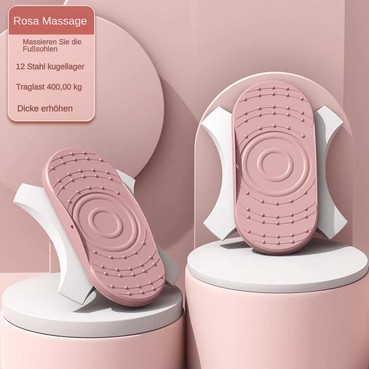 Zwei rosafarbene Fußmassagegeräte mit Noppen und konzentrischen Kreisen auf Podesten.