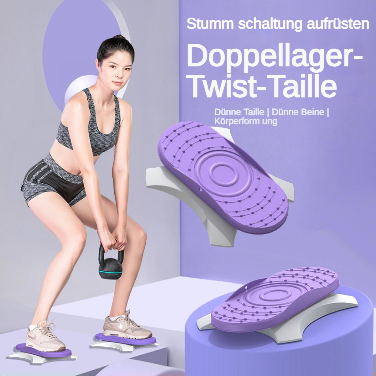 Eine Frau mit einem Kettlebell trainiert auf einem verdrehten Fitnessgerät.