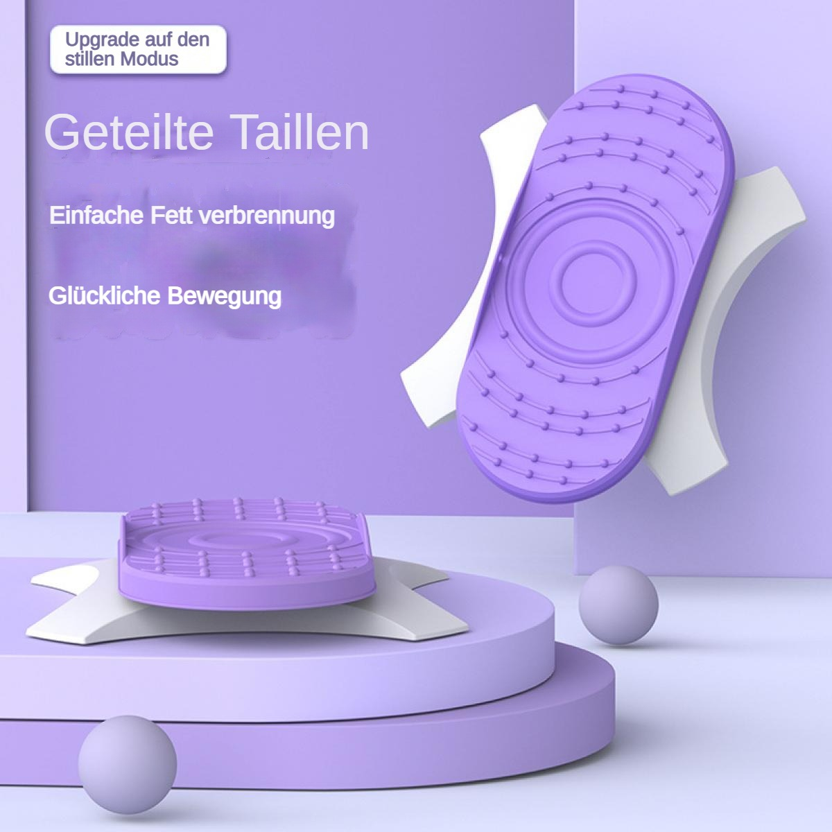 Lila Taillenformer mit Noppen auf Podesten, mit Text.