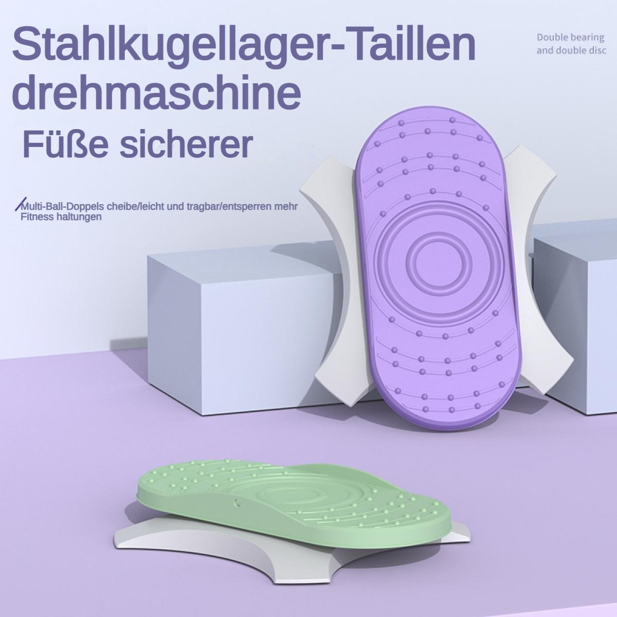 Lila und grüne Taillendrehscheiben mit Noppen und konzentrischen Kreisen.
