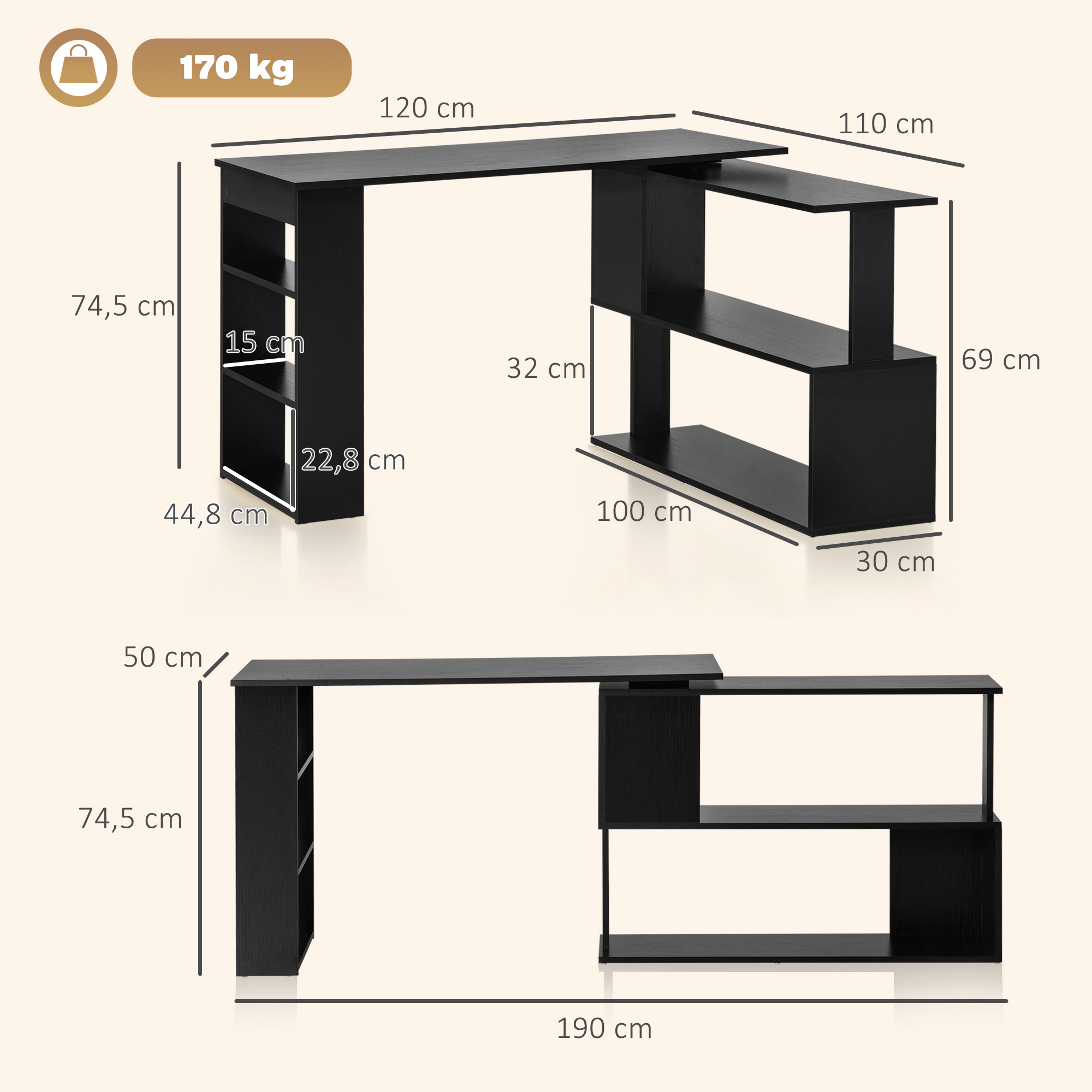 Escritorio negro con estanterías. Se indican las dimensiones.