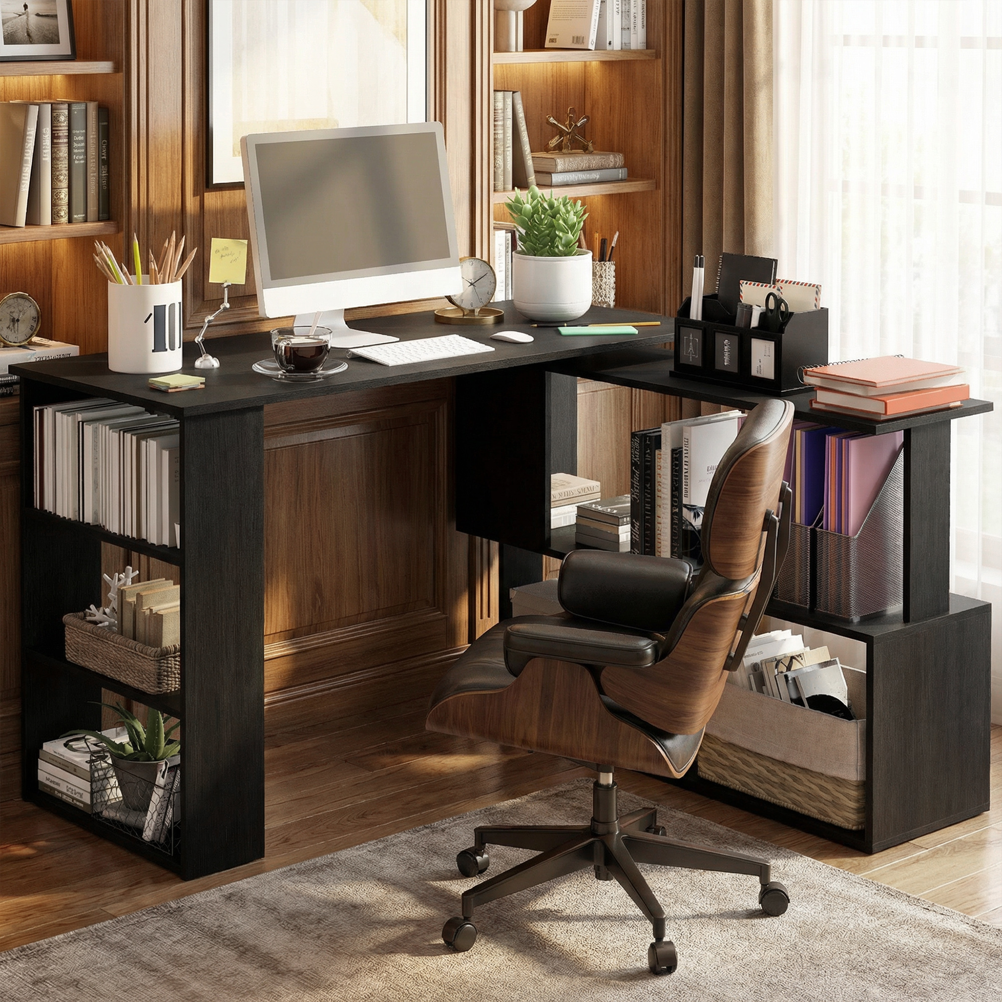 Un escritorio oscuro con computadora, libros, plantas y una silla de oficina marrón.