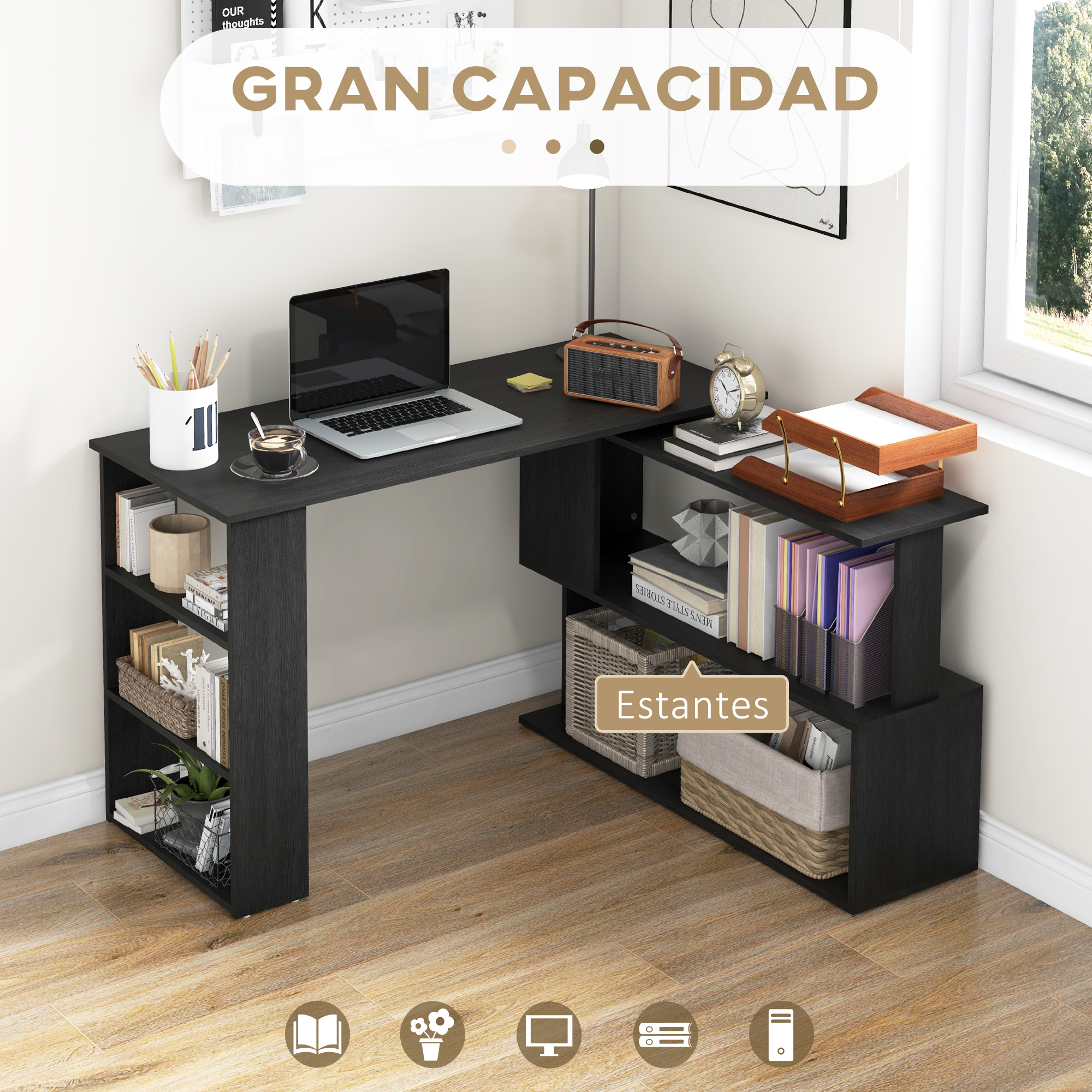 Escritorio negro de esquina con portátil, libros y plantas. Texto "Gran Capacidad".