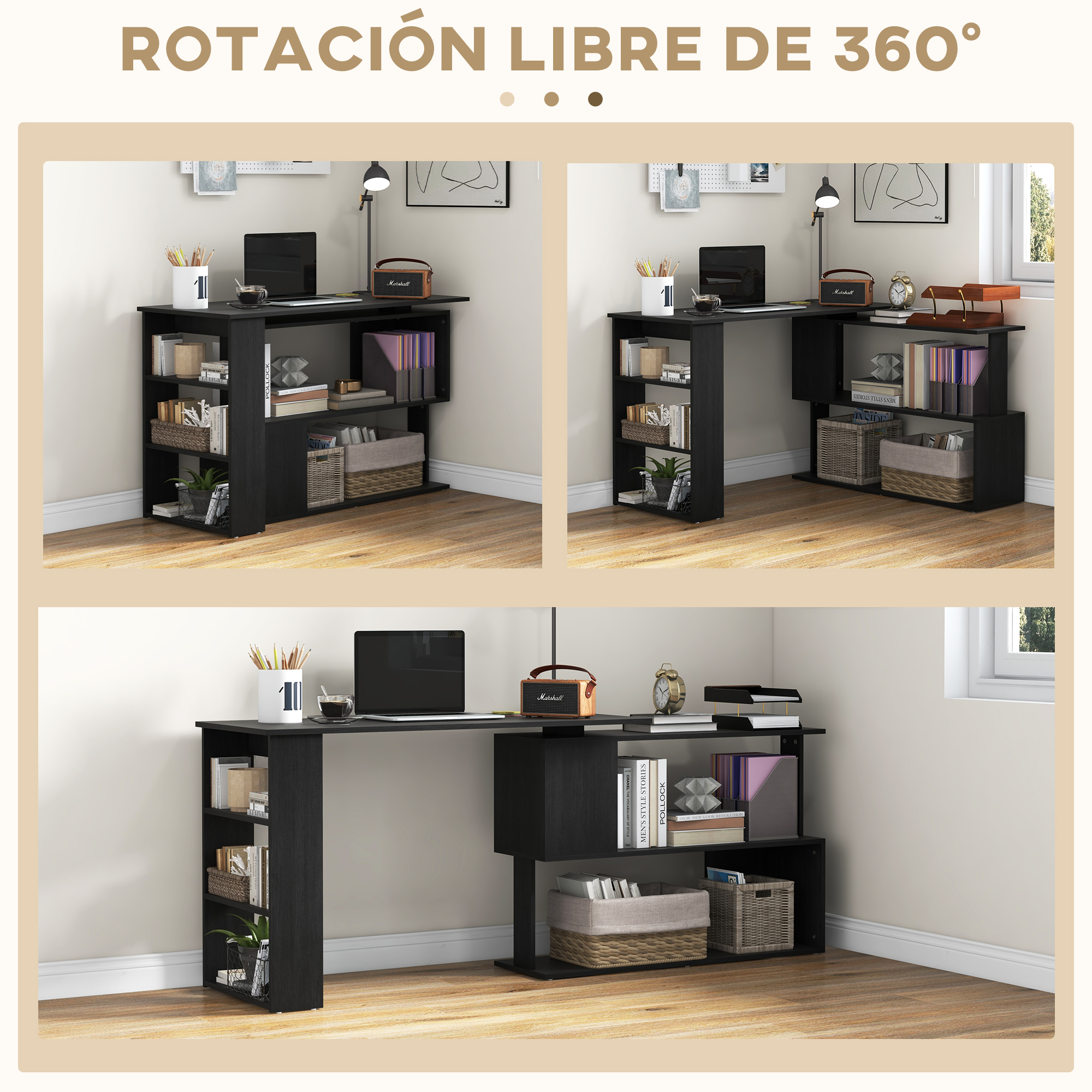 Un escritorio negro con portátil, lámpara, libros y cestas.