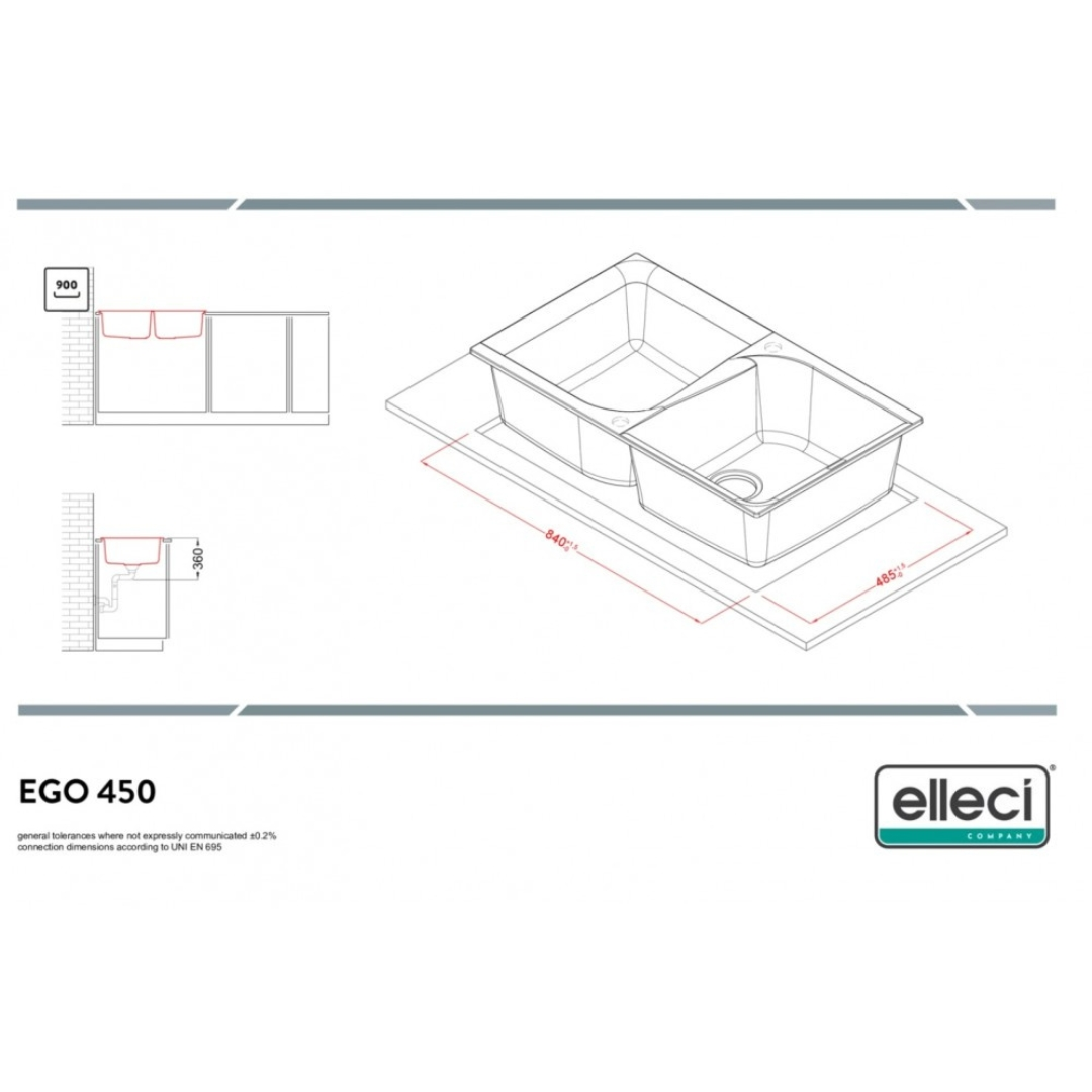 Disegno tecnico di un lavello doppio con dimensioni 840x485 mm e profondità 360 mm.