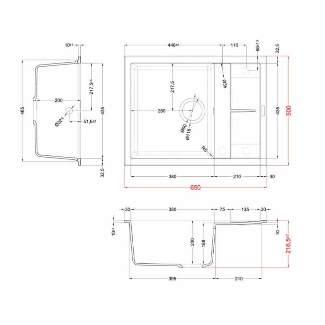 Disegno tecnico di un lavello con dimensioni e viste.