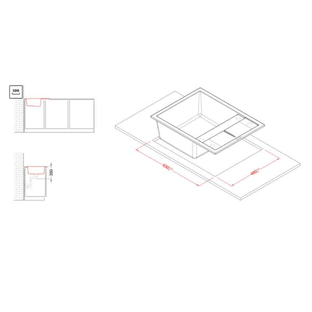 Disegno tecnico di un lavello da 630x480mm in un piano di lavoro.