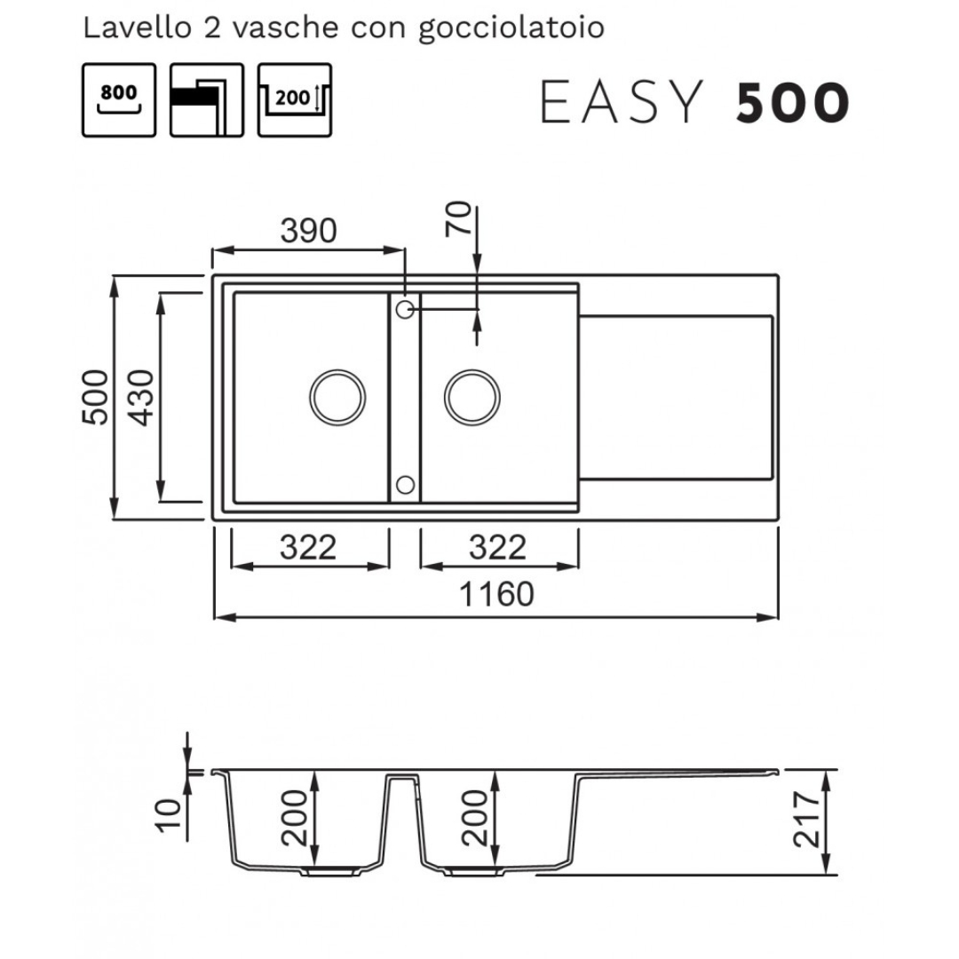 Disegno tecnico di un lavello a due vasche con gocciolatoio, dimensioni in mm.