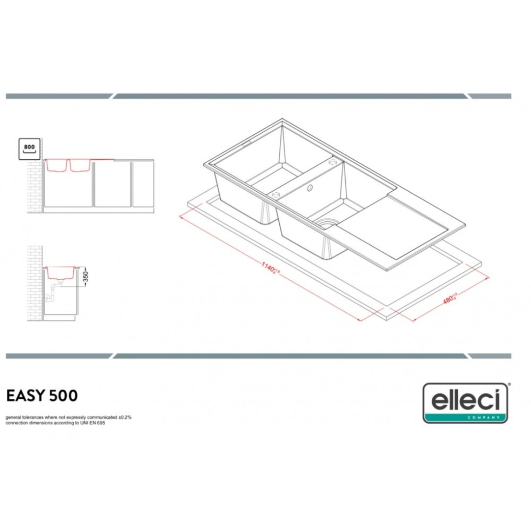 Disegno tecnico di un doppio lavello con dimensioni e logo.