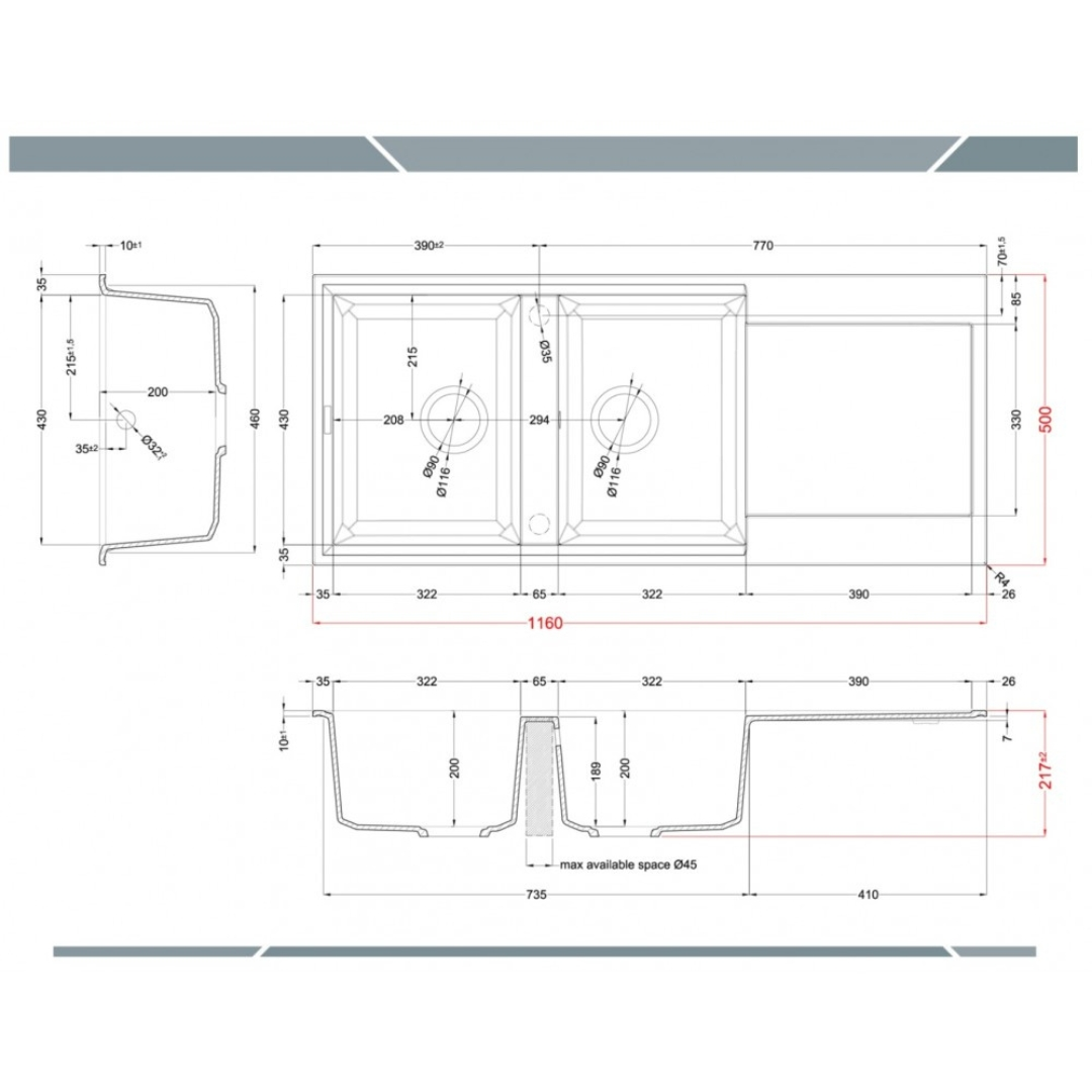 Disegno tecnico di un'unità a doppio lavello con dimensioni e dettagli.