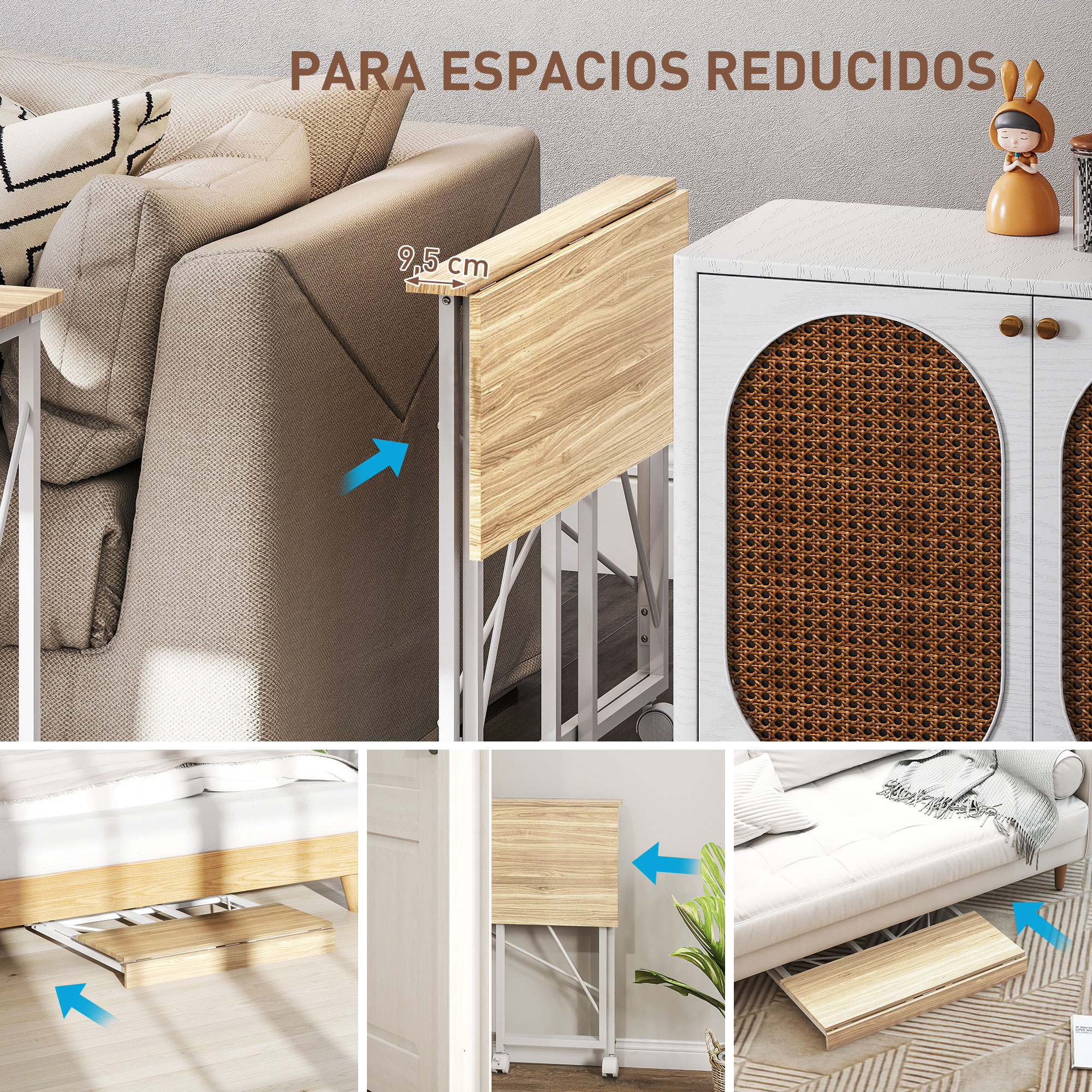 Una mesa auxiliar plegable junto a un sofá y un armario con puerta de ratán.