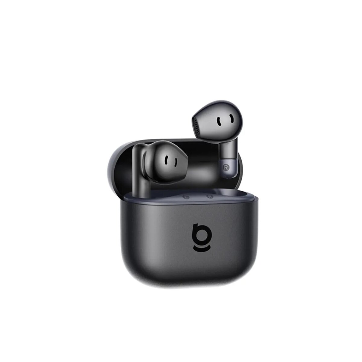 Auricolari wireless grigio scuro con custodia di ricarica. La custodia è aperta, mostrando due auricolari all'interno.