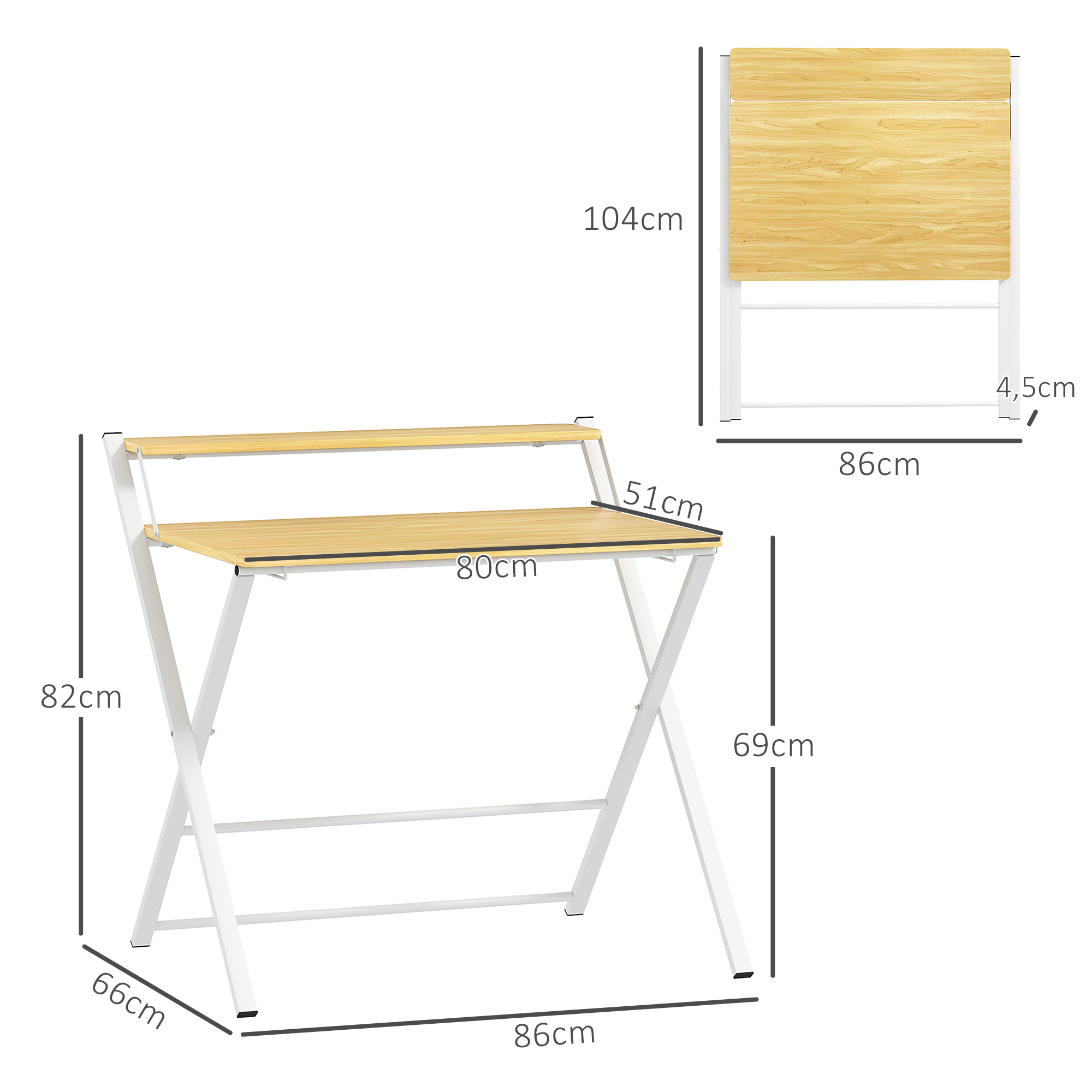 Un escritorio plegable con tablero de madera y patas de metal blanco, con dimensiones.