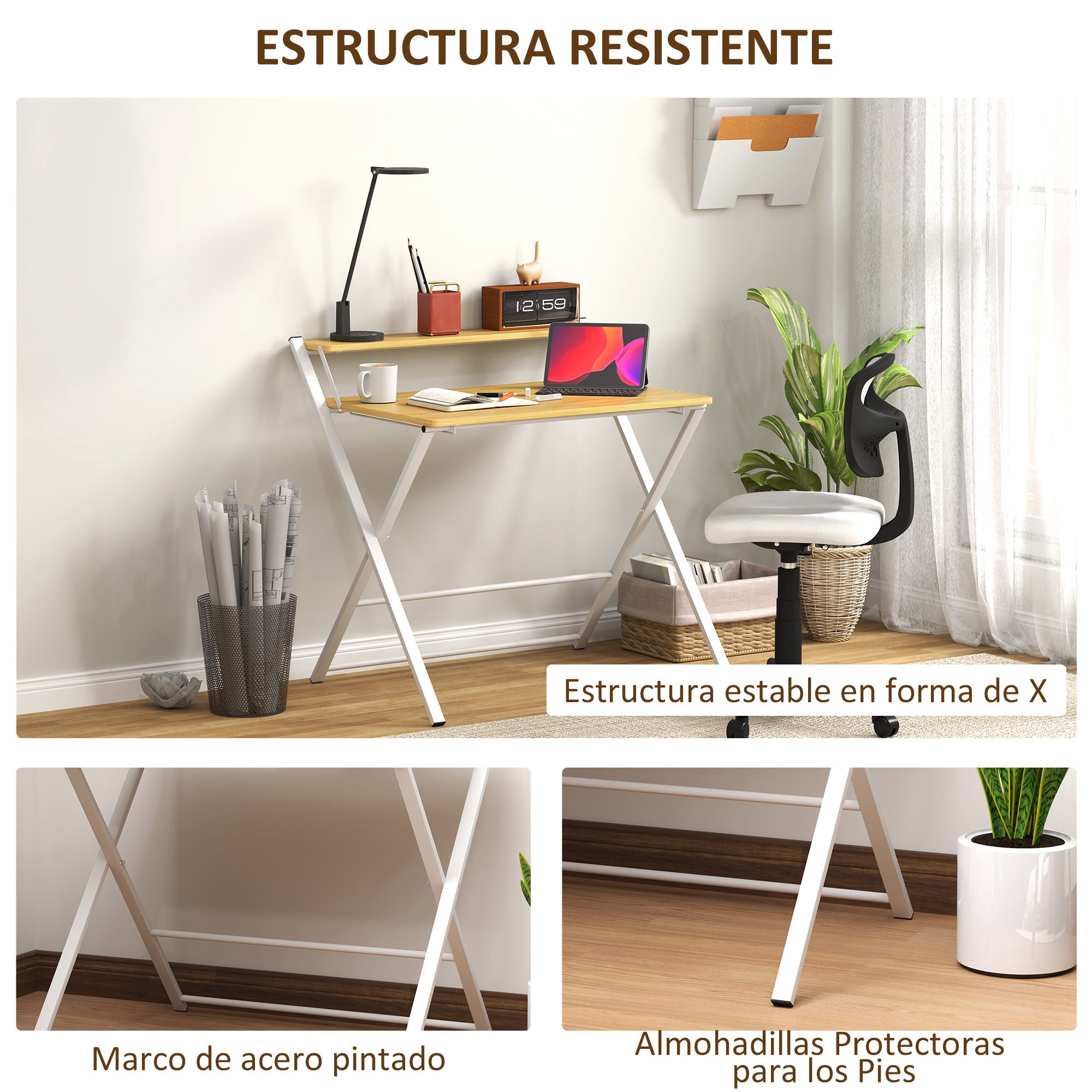 Un escritorio con marco de acero blanco y tapa de madera, con portátil y reloj.