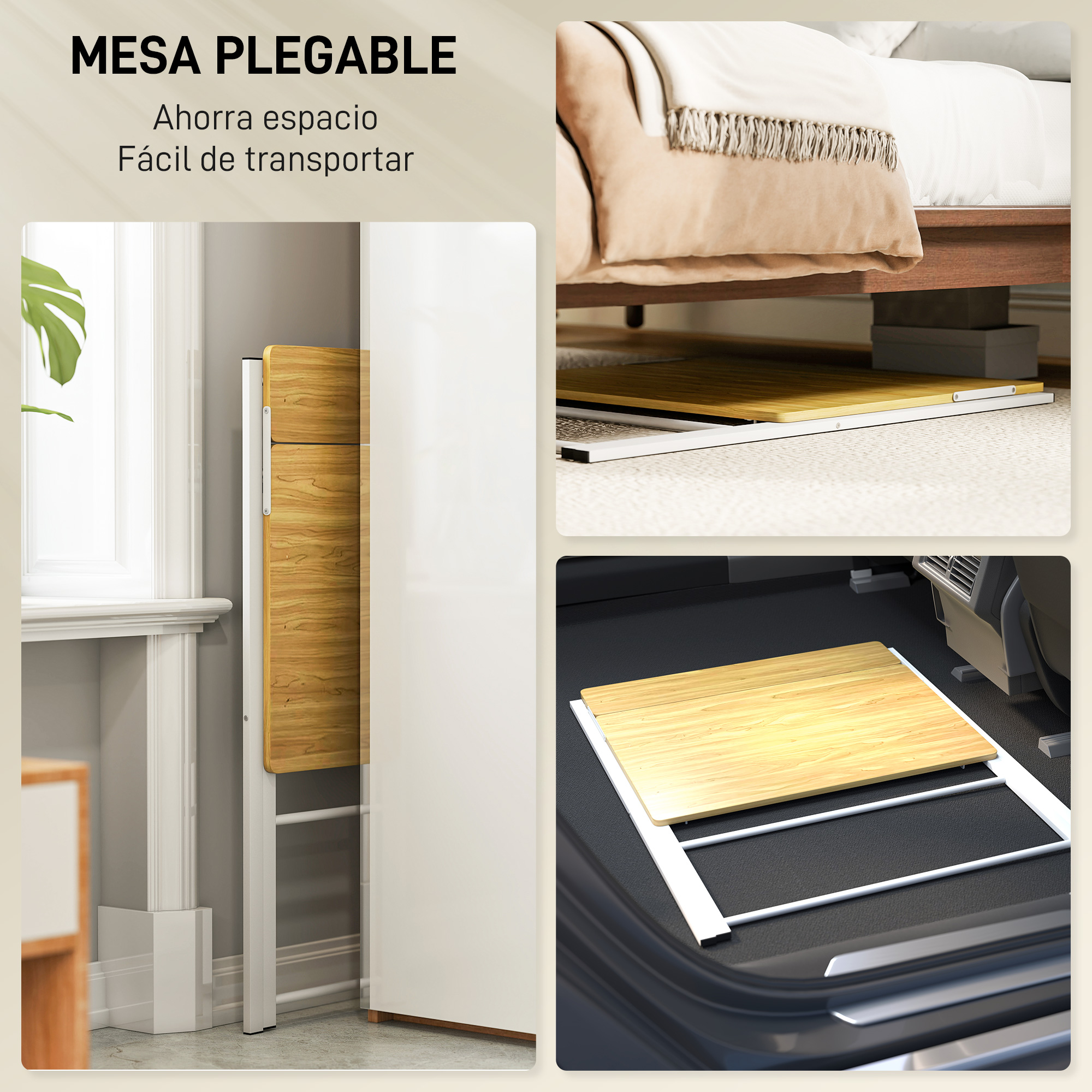 Una mesa plegable con veta de madera se muestra junto a una cama y en un maletero.