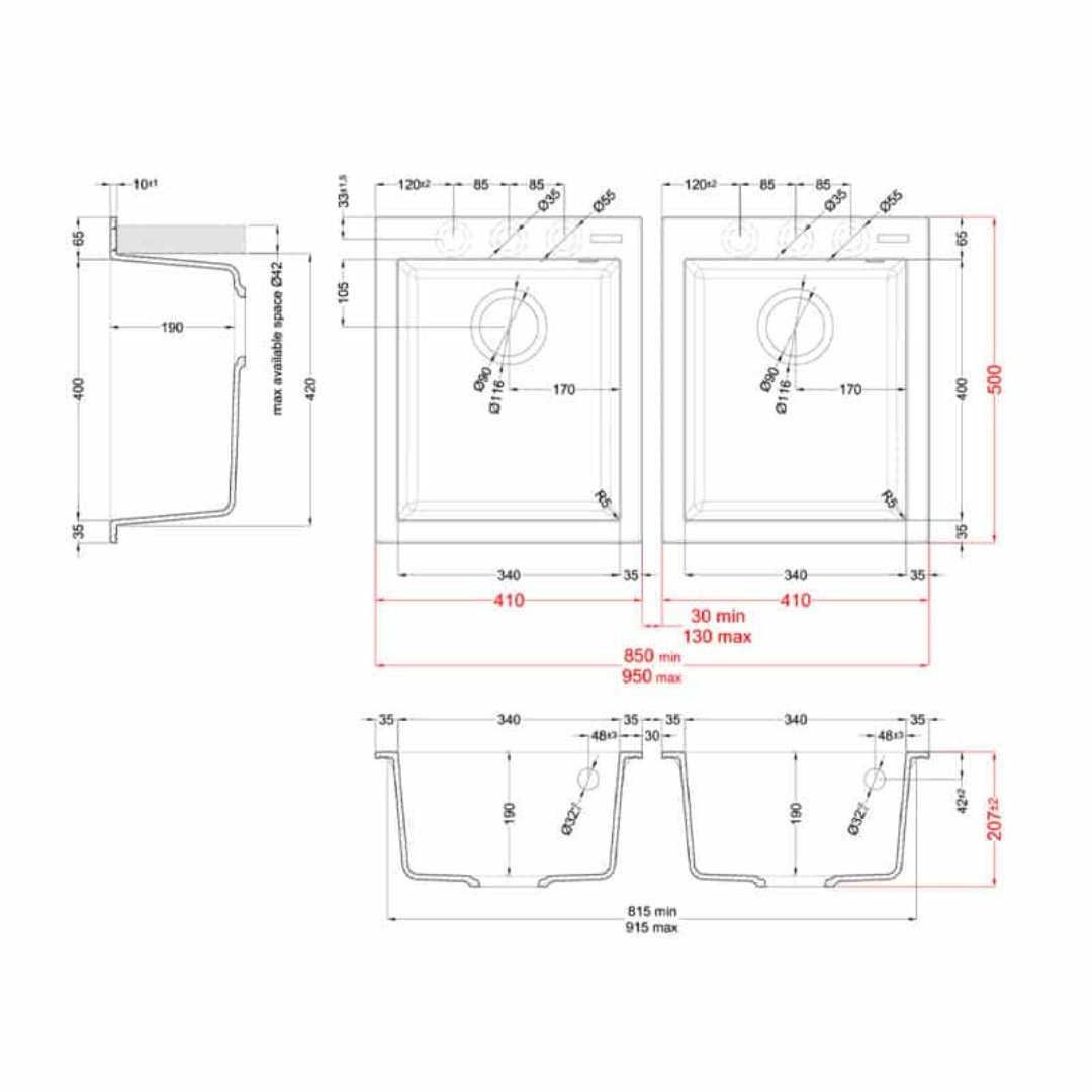 Disegno tecnico di due lavelli con dimensioni e dettagli.