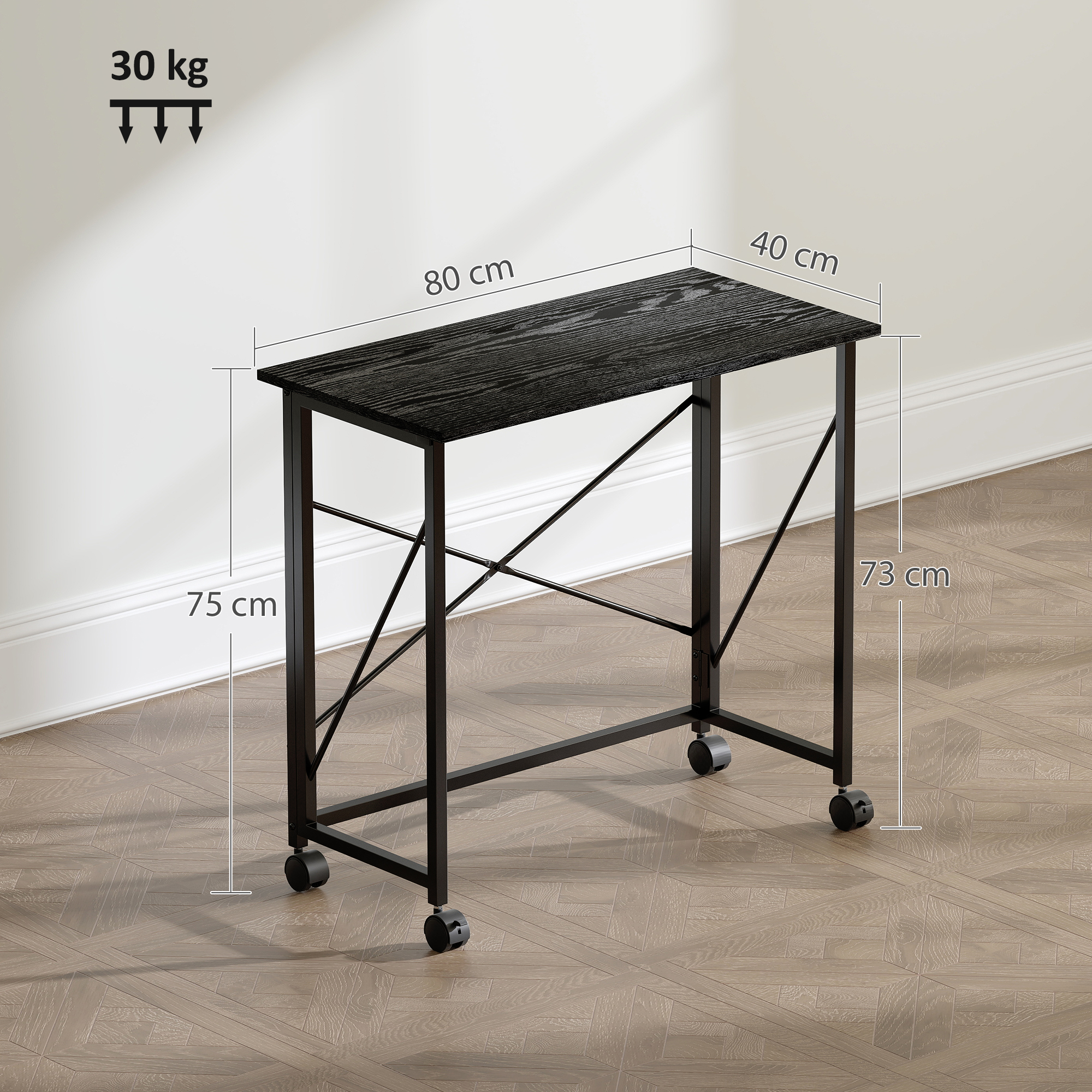 Mesa auxiliar negra con ruedas, 80x40x73cm, capacidad 30kg.