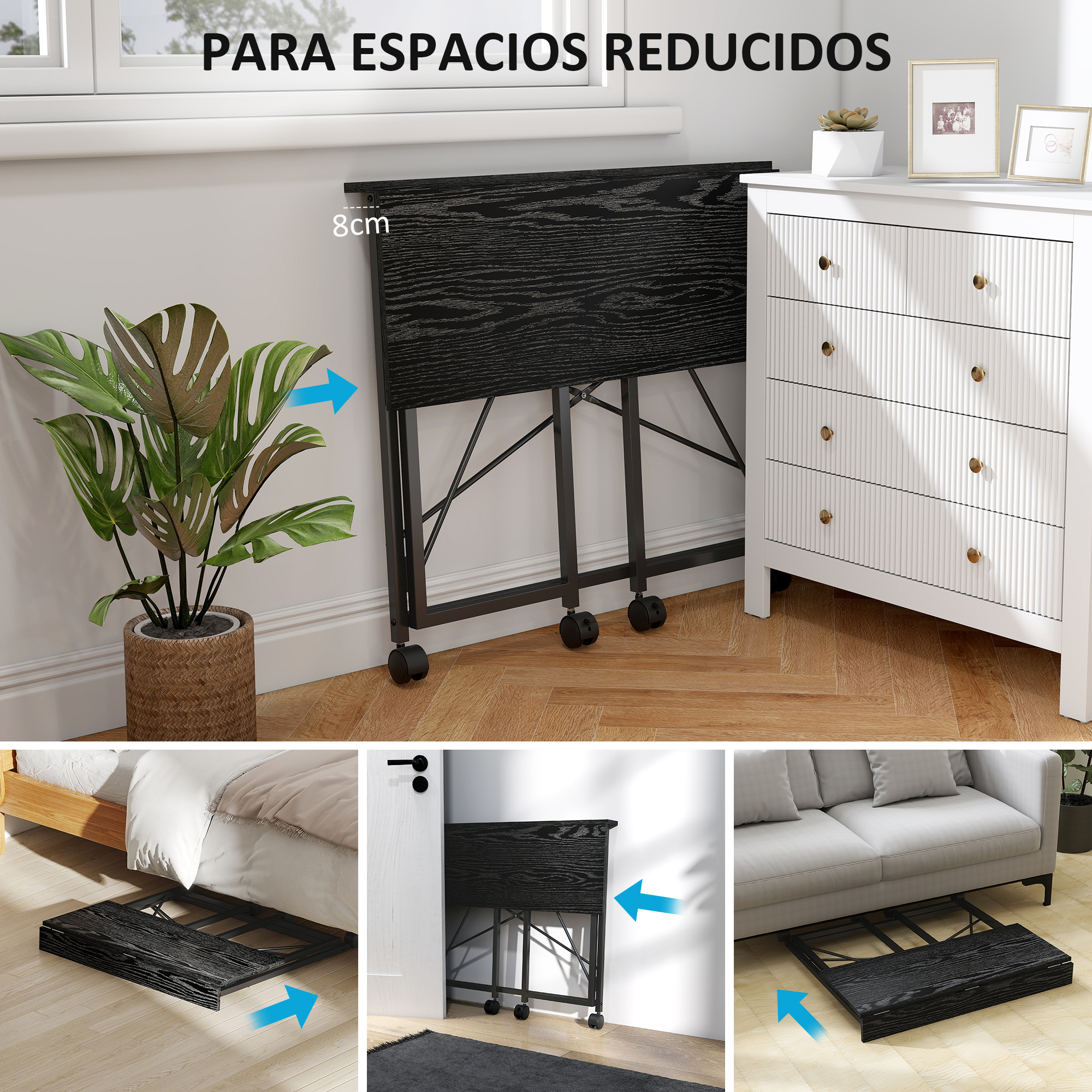 Mesa plegable negra con ruedas junto a una cómoda blanca.