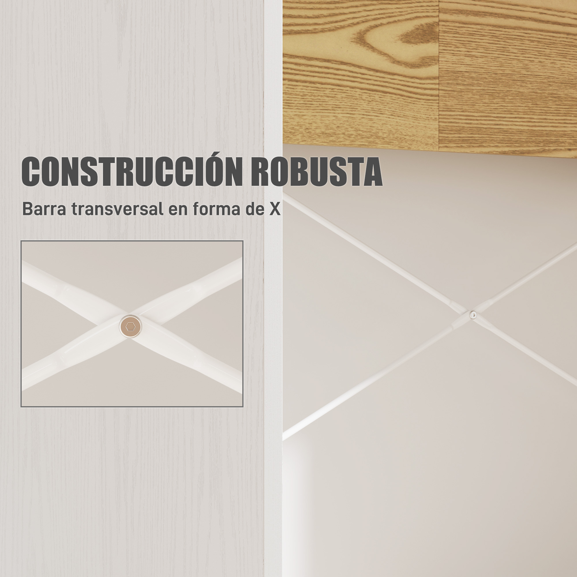 Construcción robusta con barra transversal en X, primer plano de una unión.