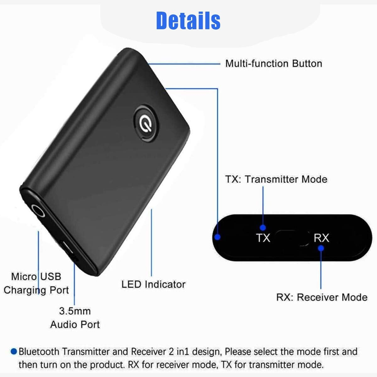 Ein schwarzer Bluetooth-Sender/Empfänger mit Anschlüssen und Modi.