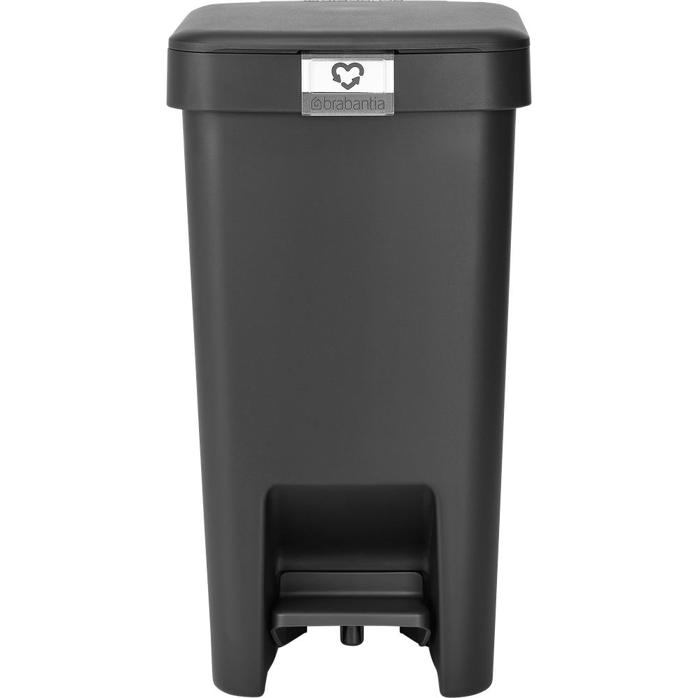 Een zwarte Brabantia trapremmer met een zilveren logo op het deksel.