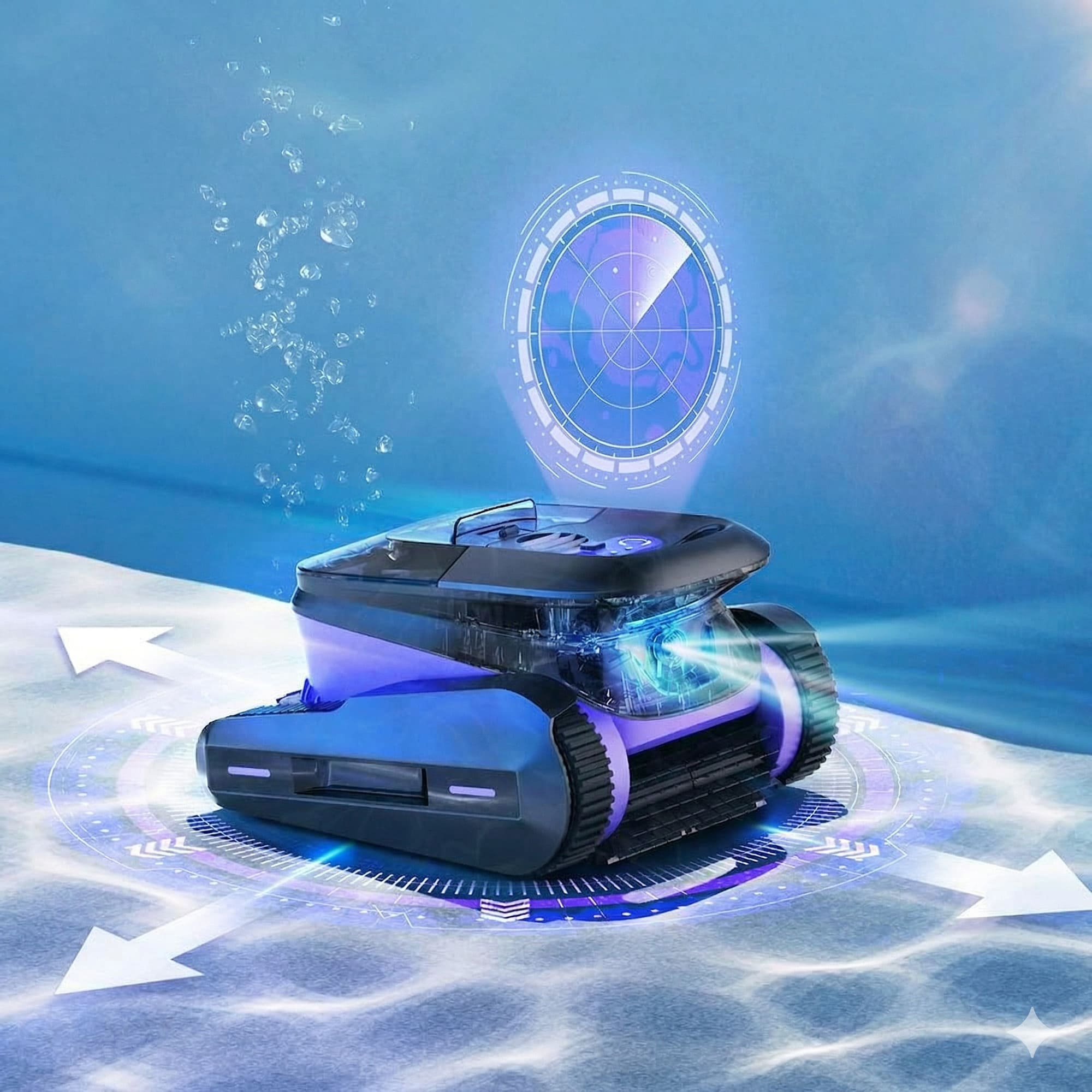 Un robot de piscina morado con orugas bajo el agua con burbujas y pantalla de radar.