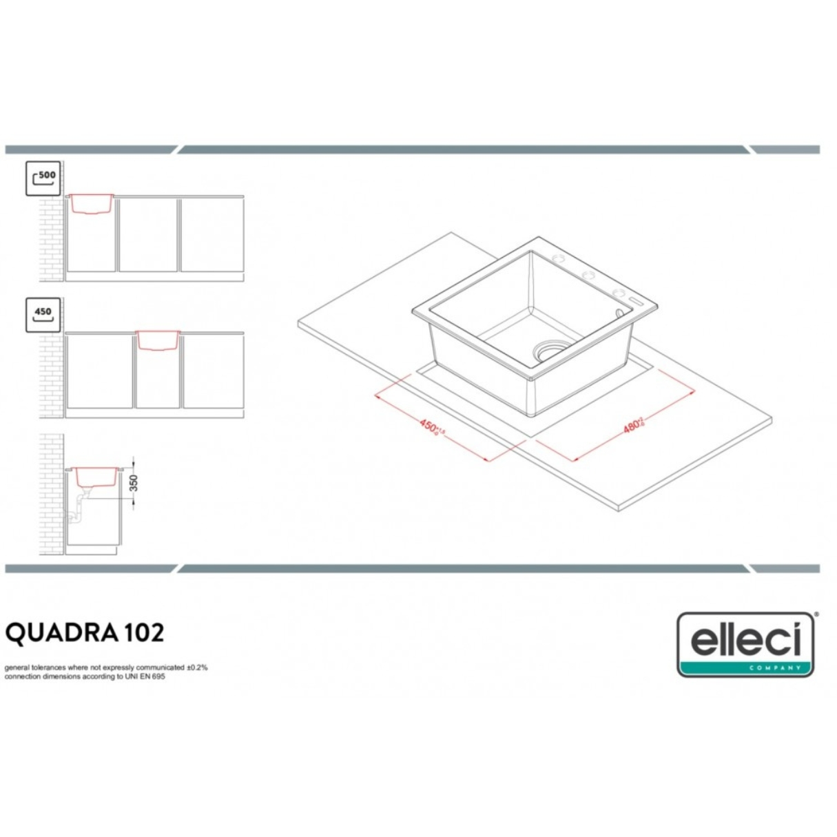 Diagramma di un lavello quadrato 450x480mm, con viste laterali.