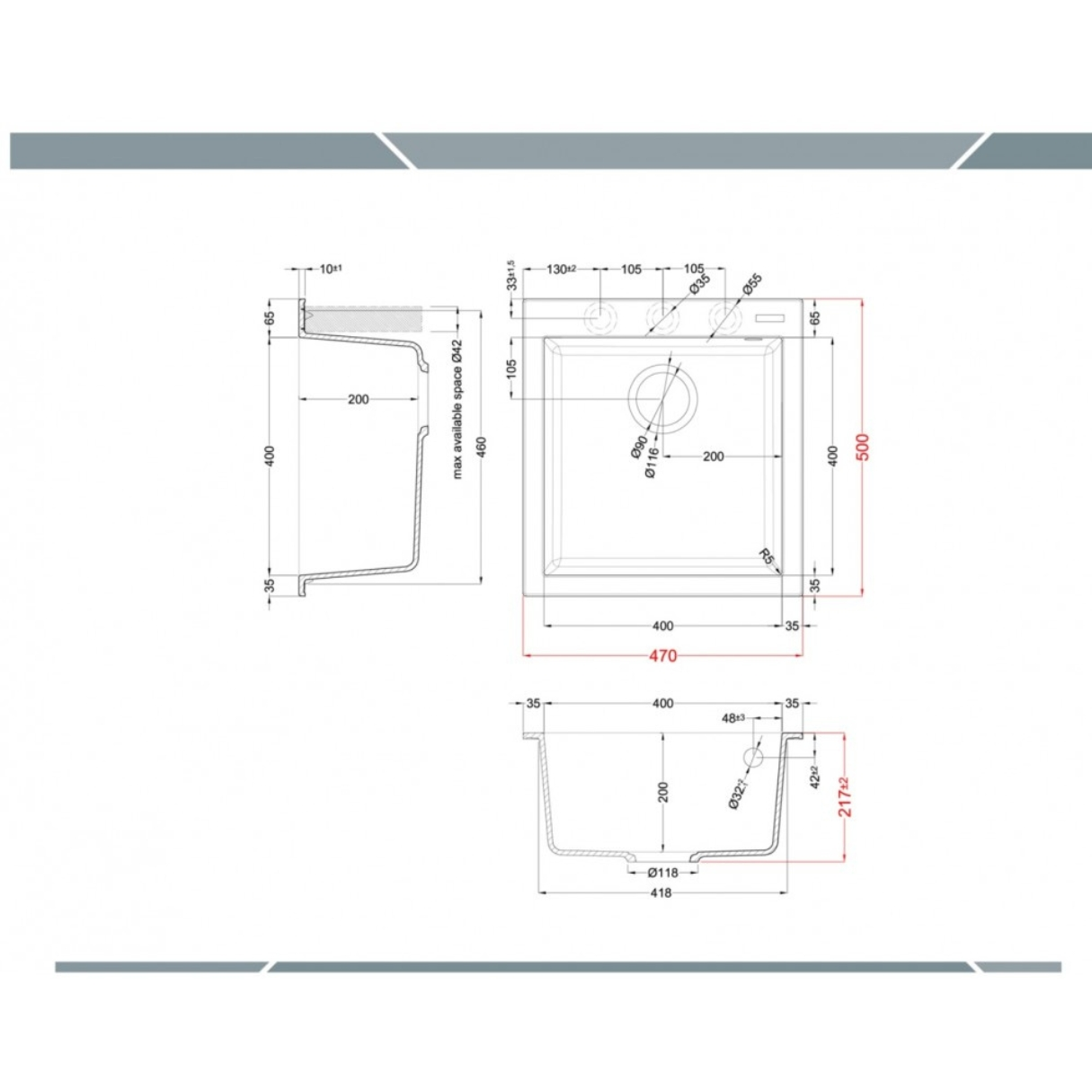 Disegno tecnico di un lavello con dimensioni e viste.