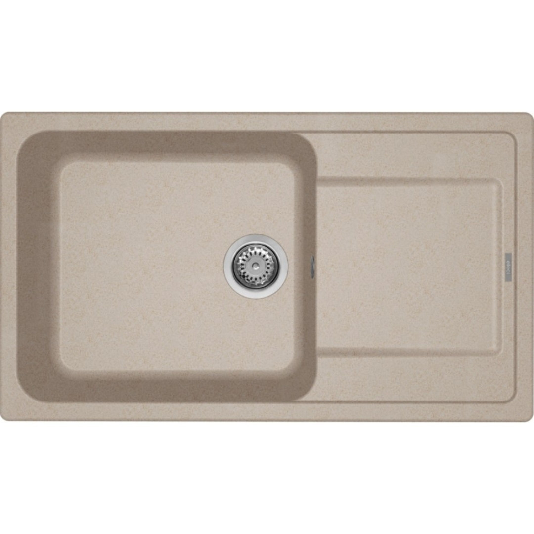Un lavello beige con una vasca principale e una zona di scarico.