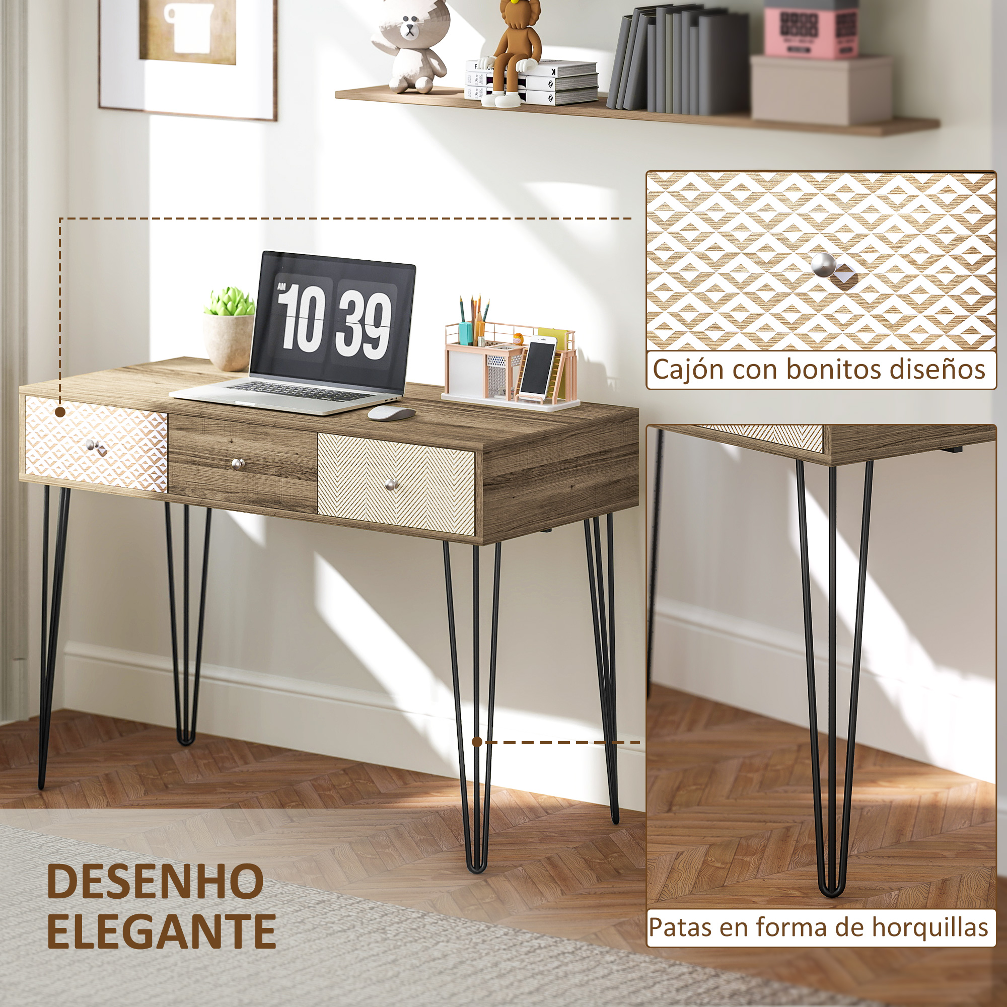 Escritorio de madera con laptop, planta en maceta, cajones con patrones y patas de horquilla negras.