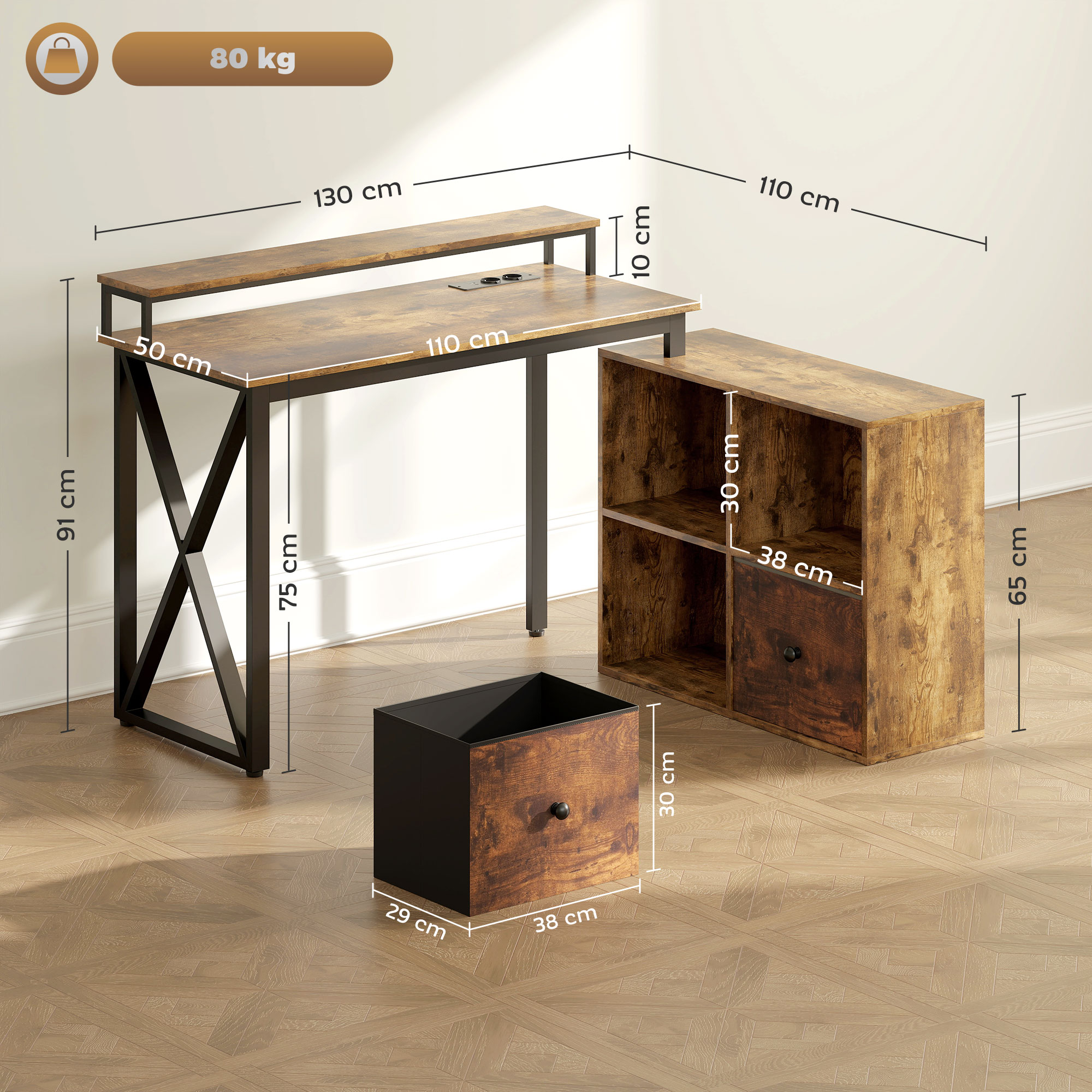 Configuración de oficina estilo vintage con escritorio, estantería y caja.