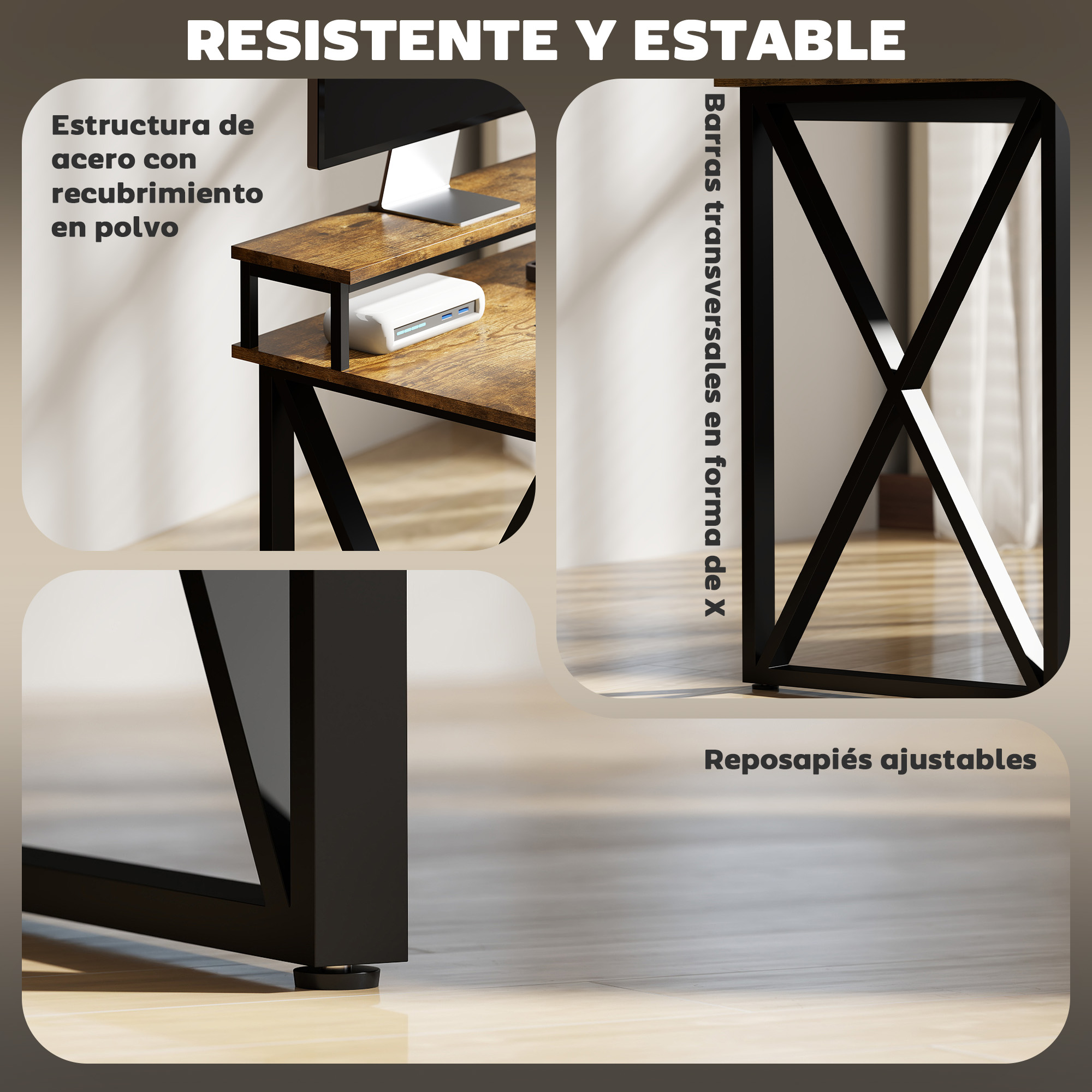 Un escritorio con tablero de madera, marco de metal negro y barras cruzadas en X. Pies ajustables.