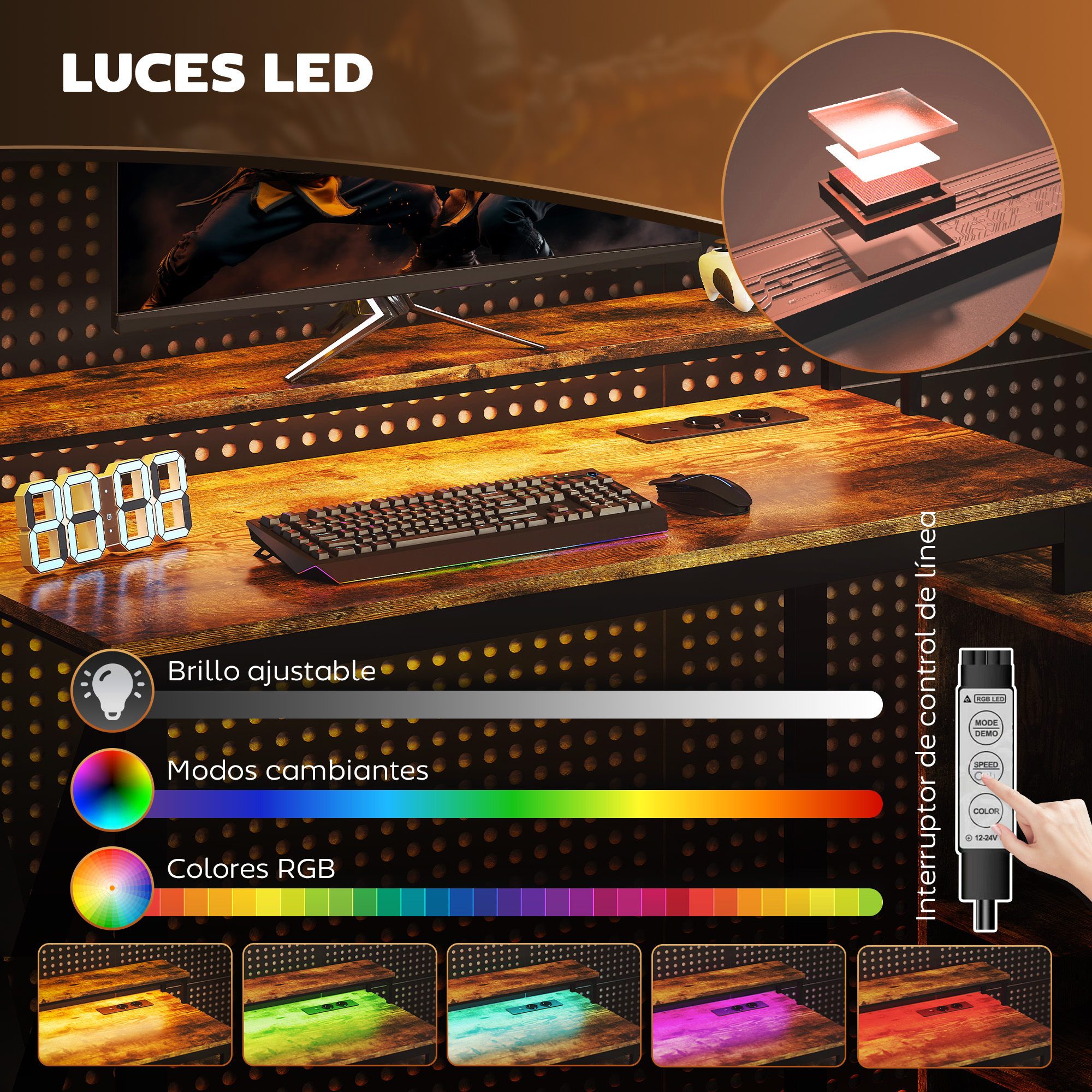 Un escritorio con teclado, ratón y monitor, iluminado con LEDs RGB.