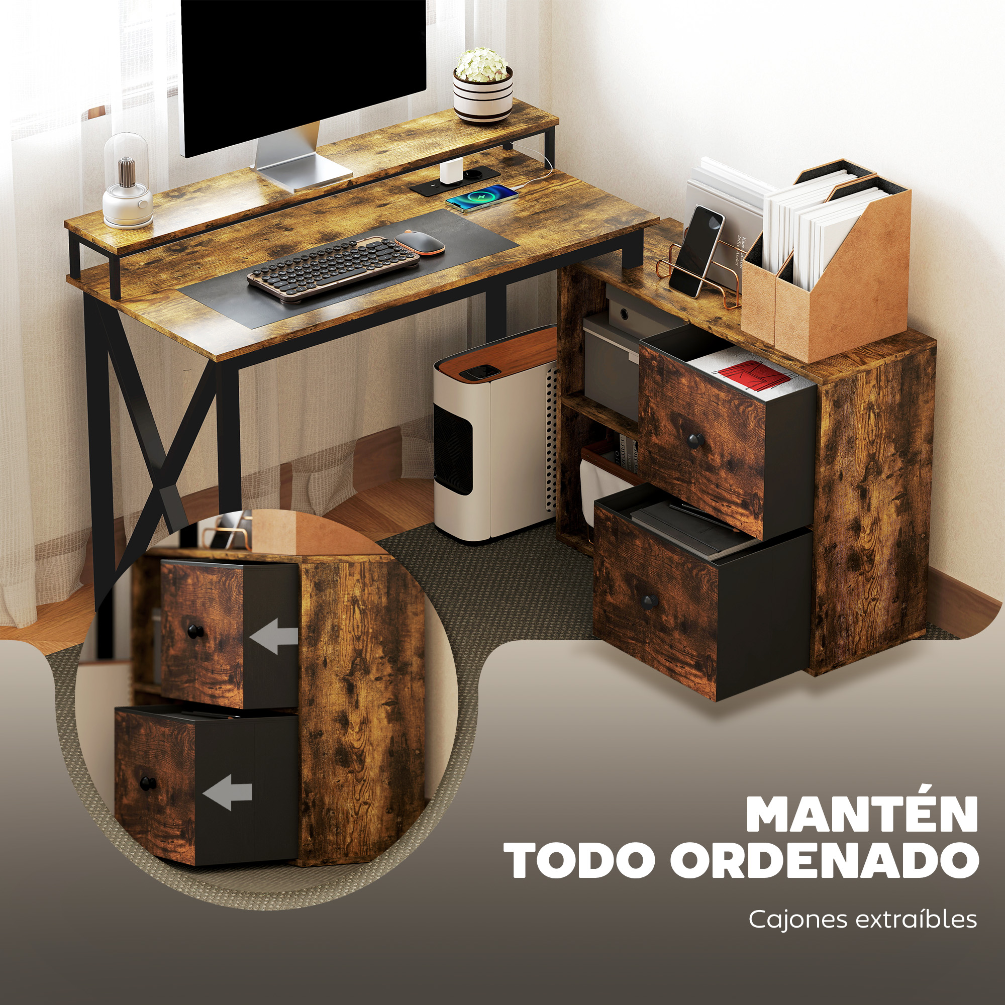 Un escritorio de rincón rústico con monitor, teclado, ratón y cajones.