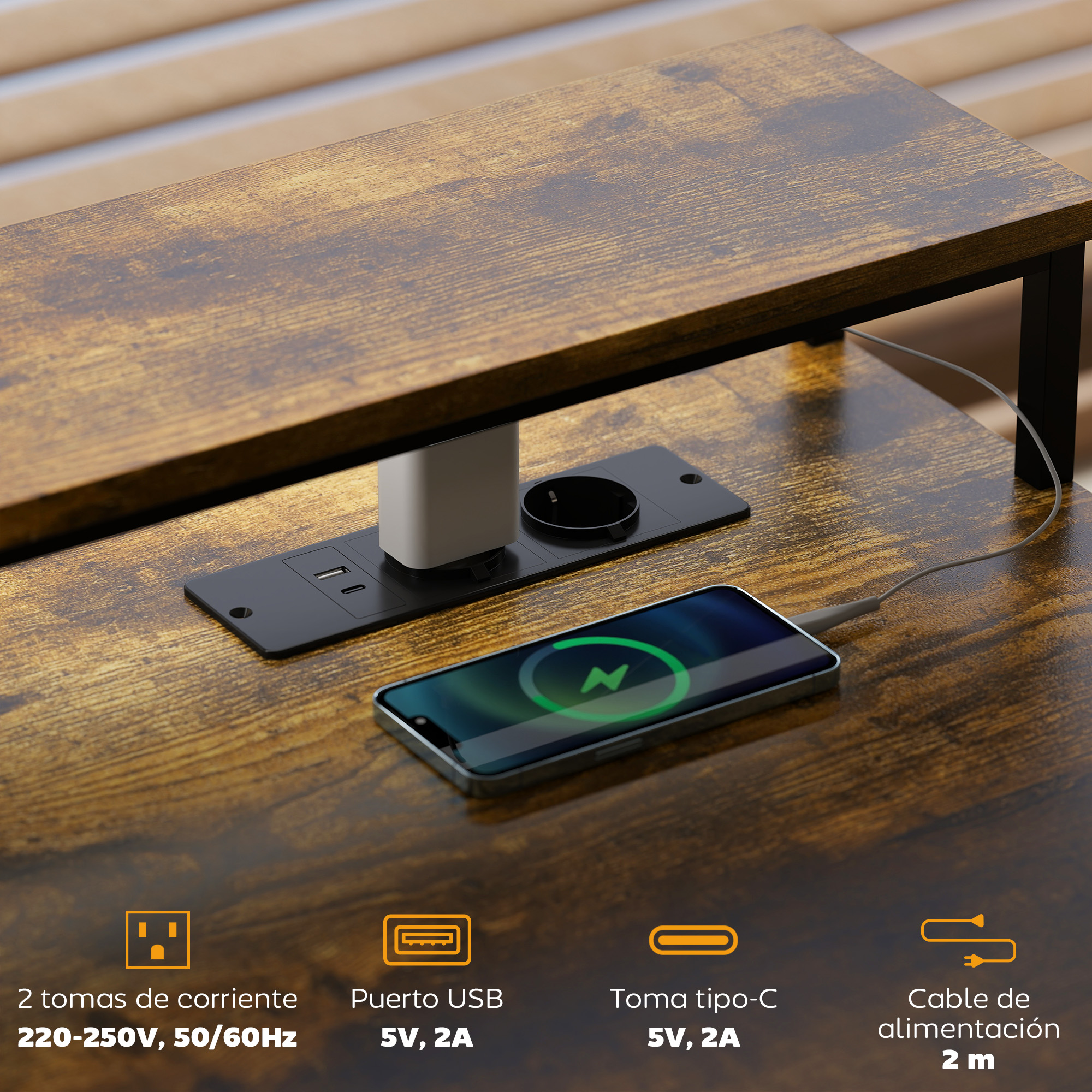 Un smartphone se carga en una mesa con enchufes integrados y puertos USB.