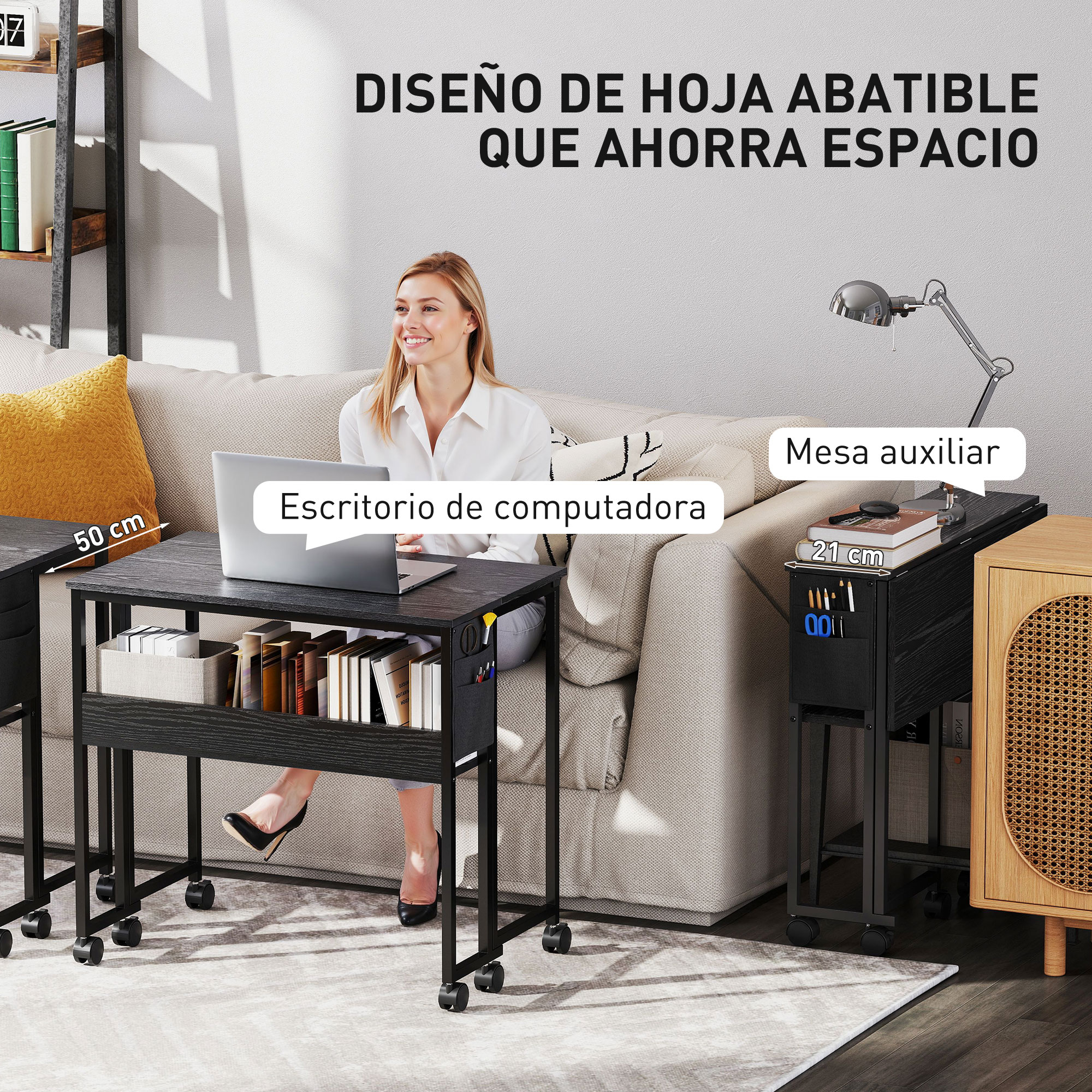 Una mujer se sienta en un sofá, trabajando en un portátil en un escritorio negro con ruedas.