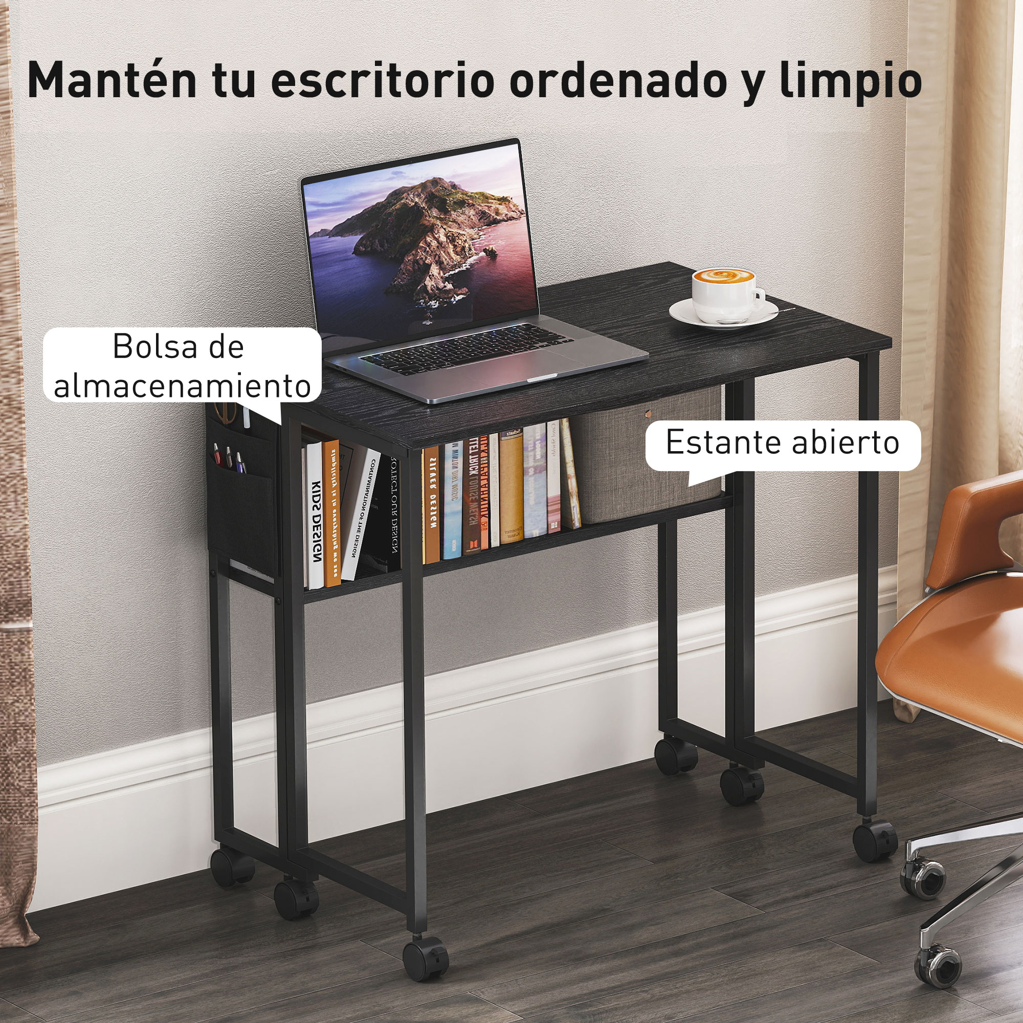 Un escritorio negro con laptop, taza de café, libros y bolsa de almacenamiento.