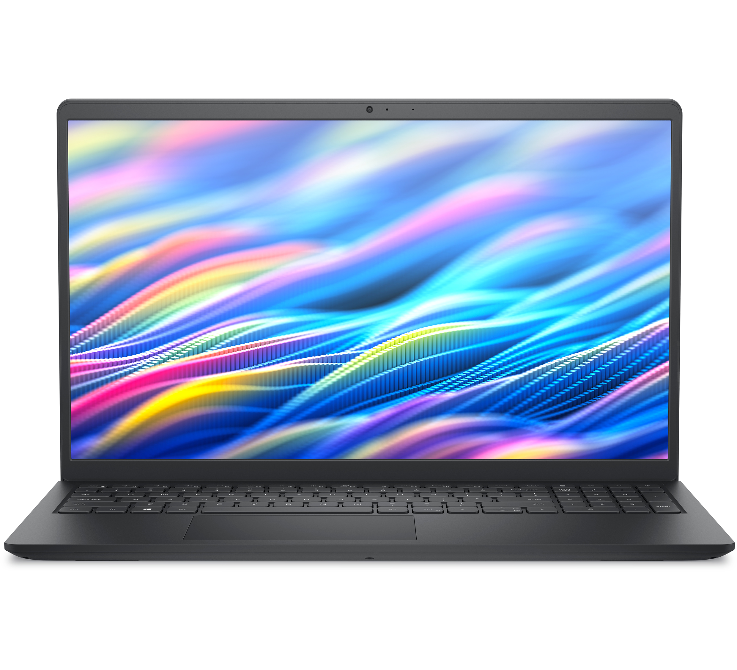 Zamknięty czarny laptop wyświetlający kolorowe, abstrakcyjne tło na ekranie.