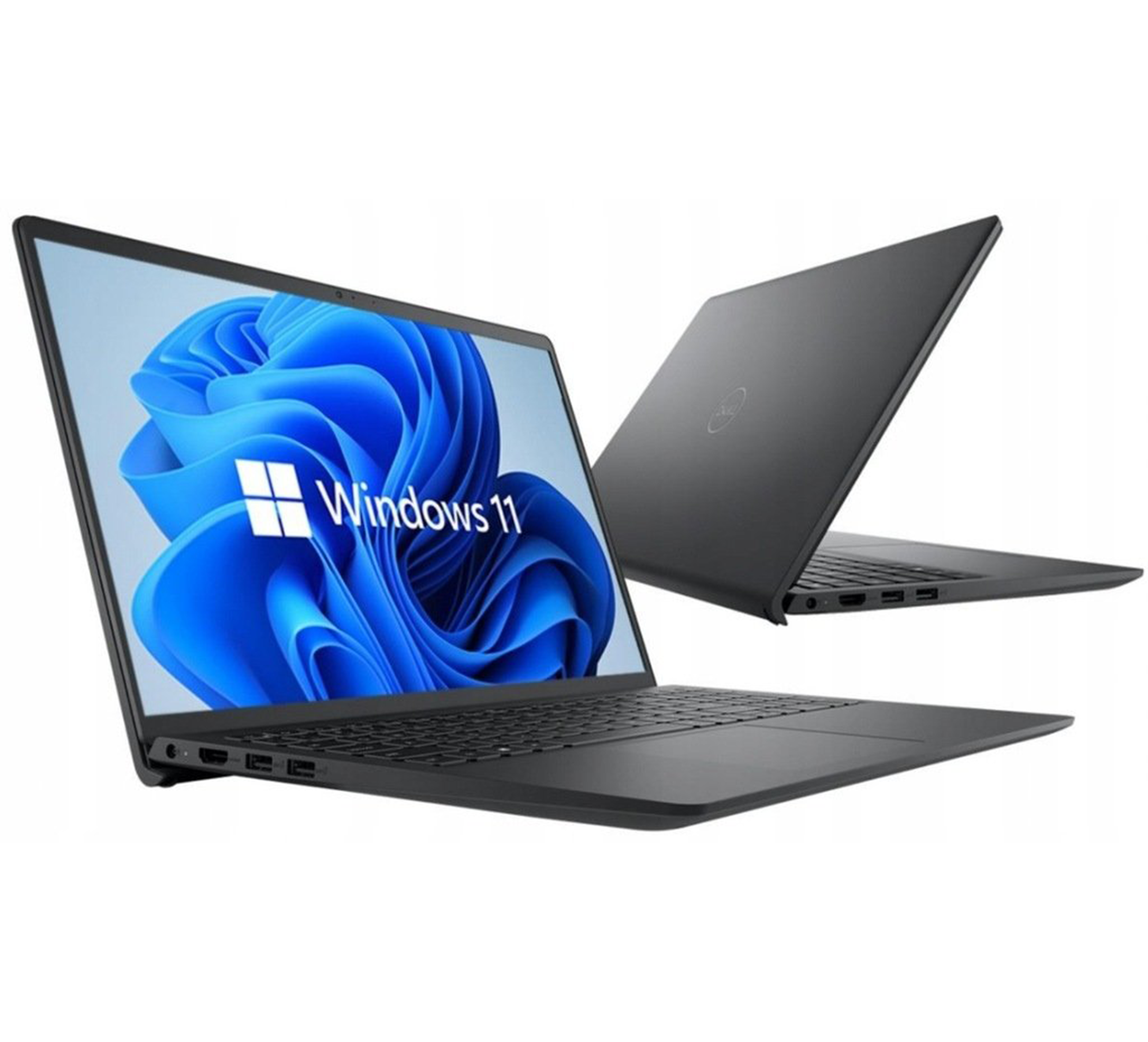 Otwarty, szary laptop Dell wyświetlający tapetę Windows 11.