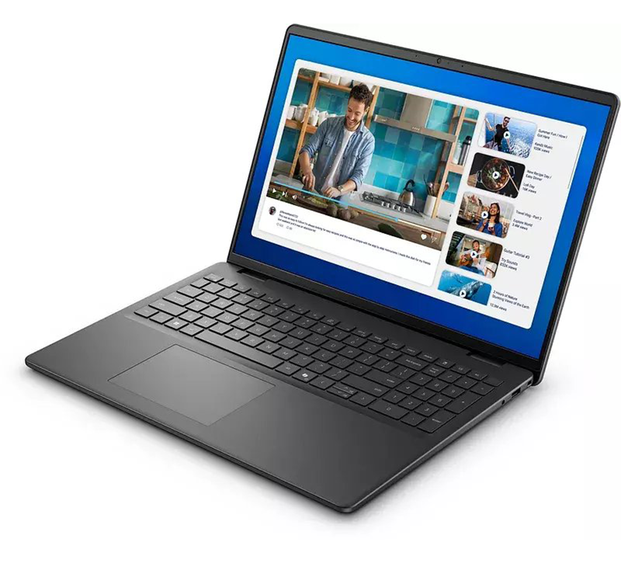 Czarny laptop z otwartym ekranem wyświetlającym film kulinarny.