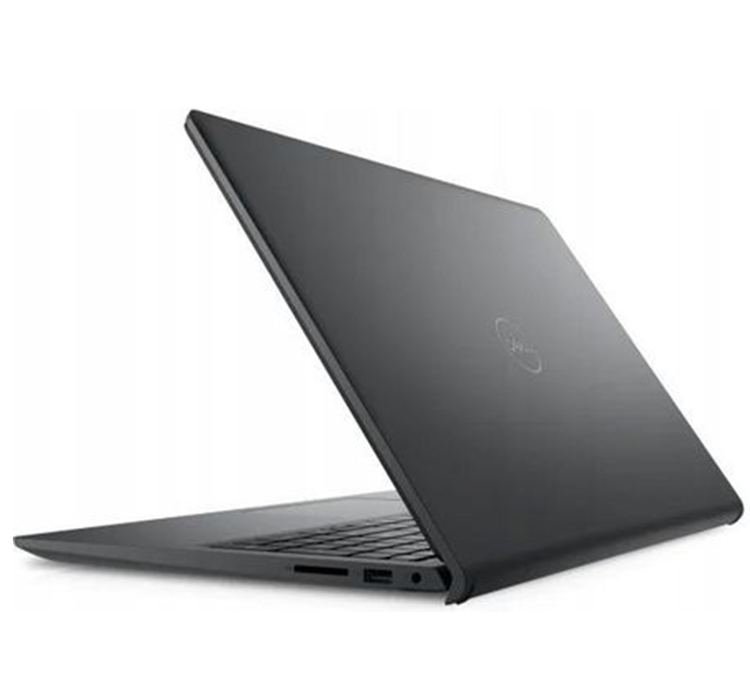 Zamknięty, ciemny laptop Dell na białym tle, widoczna klawiatura.